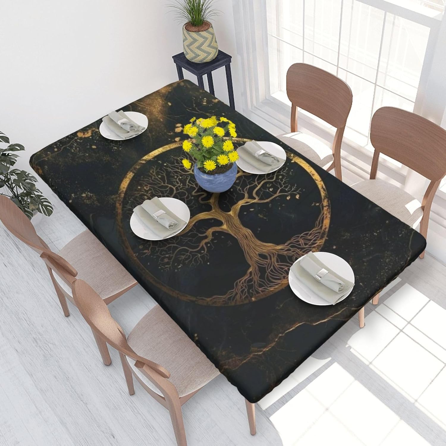 Tablecloth with Elastic Edge Geometric Marble Art Rectangle Waterproof Oil-Proof Table Cloth Washable Reusable Table Cover for Kitchen Dining, 4FT