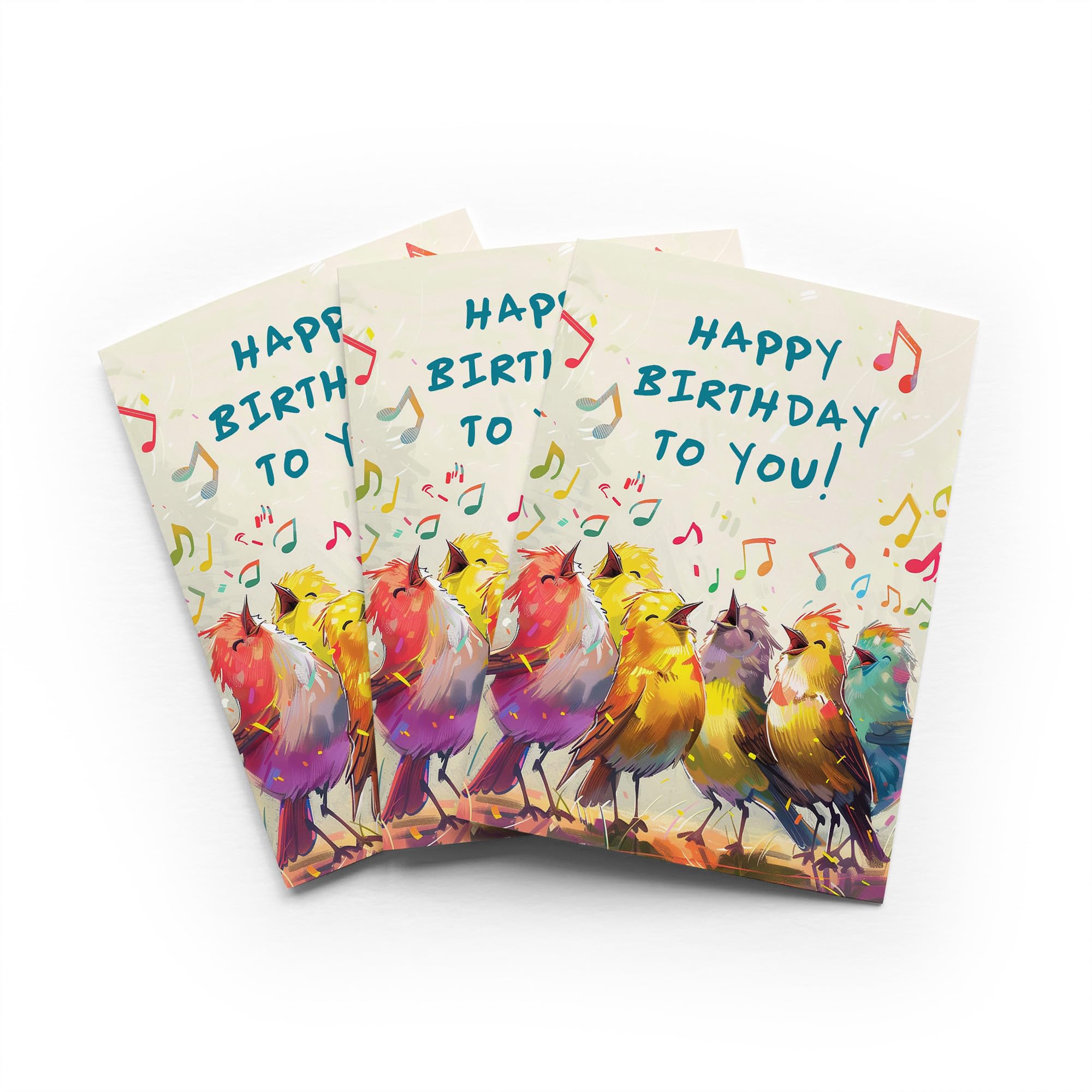 Singing Birds Birthday Card Colourful Illustration Set of 3 Greeting Cards Blank Inside 5x7 Inch 13x18 cm