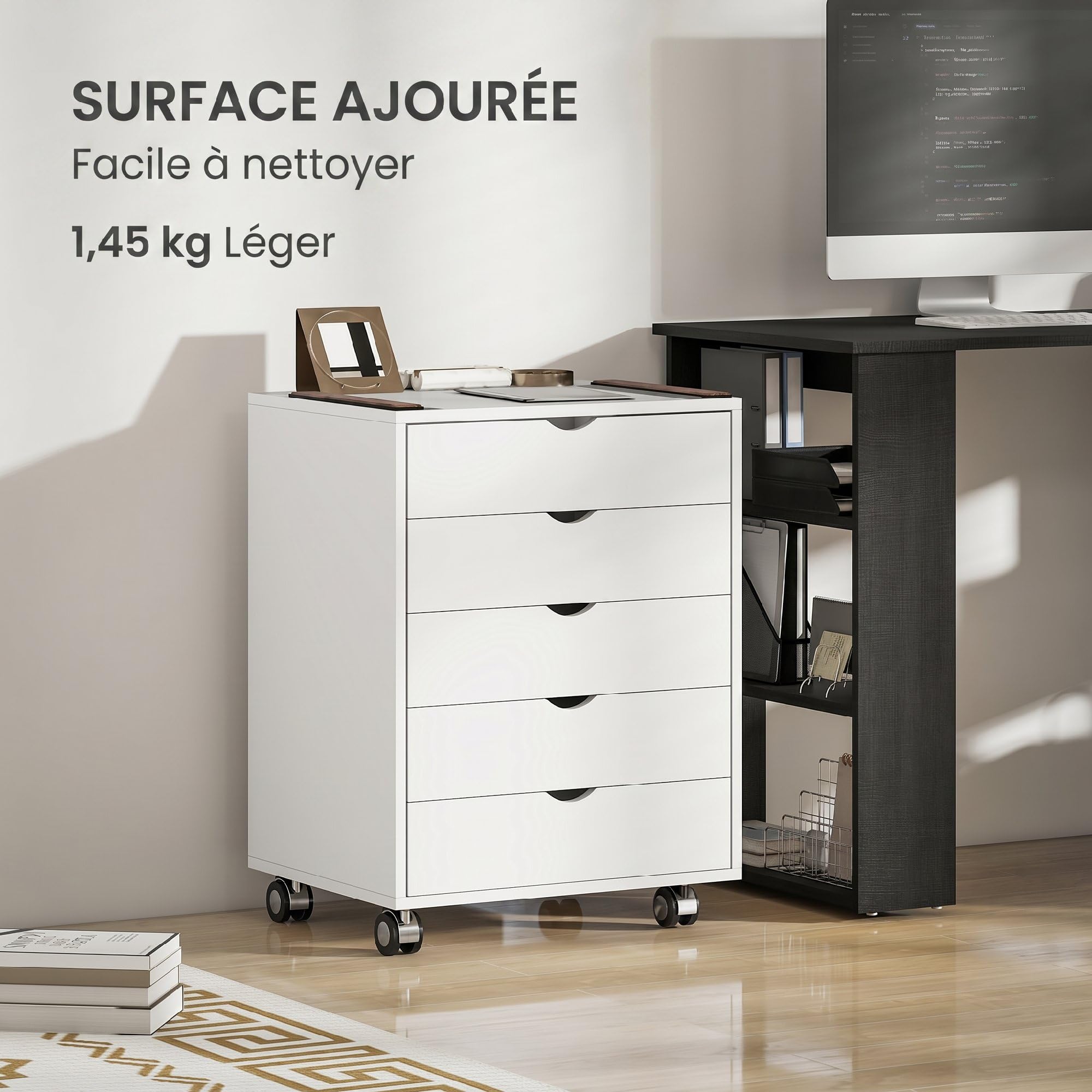 HOMCOM Caisson Bureau Mobile avec 5 Tiroirs A3/Lettre/A4 50x40x67,5cm Blanc | Meuble Rangement Bureau sur Roulettes, pour Imprimante, Caisson de Rangement pour Travail ou Chambre