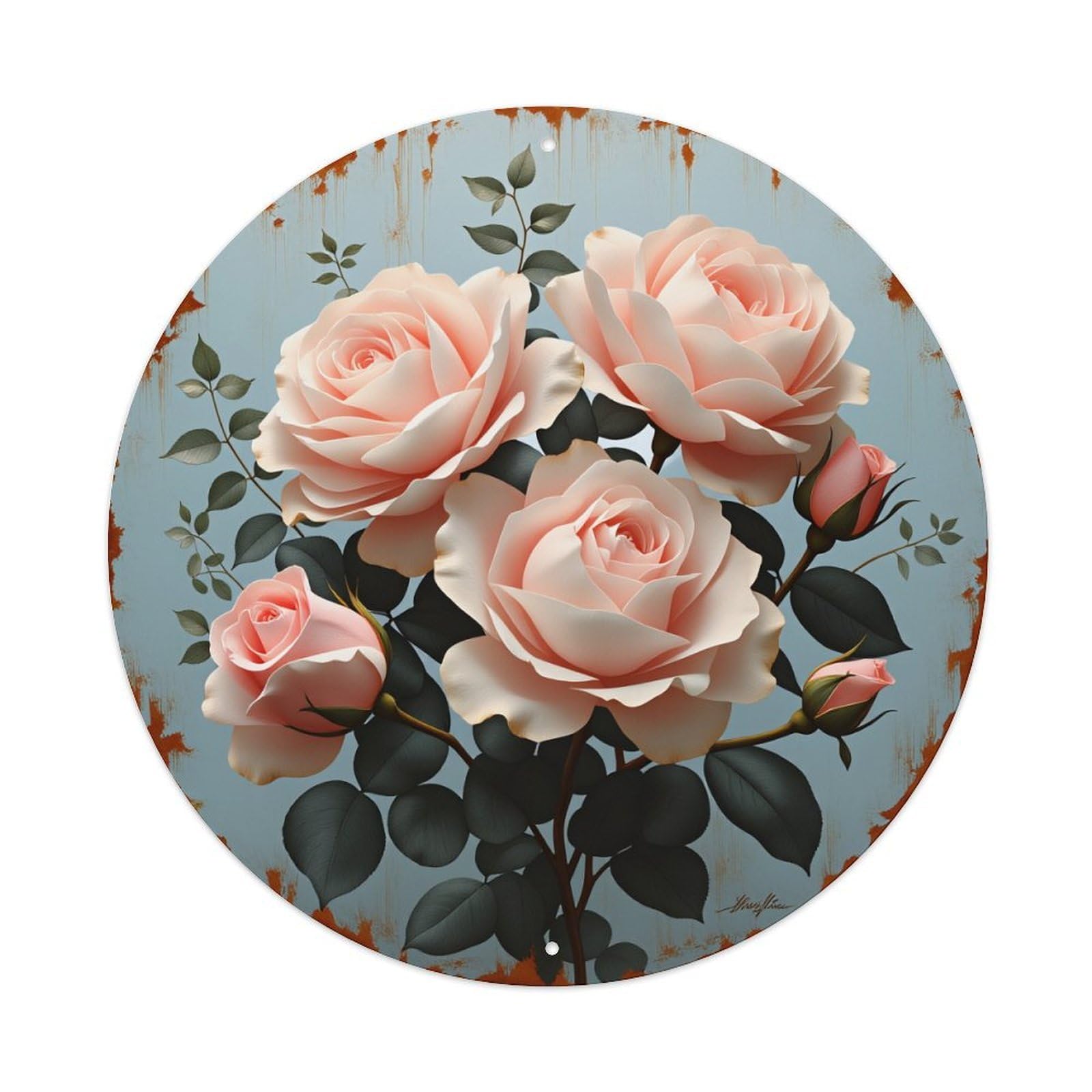 Pink Roses With Green Leaves On Blue Background Round Vintage Tin Sign,Retro Wall Art,Metal Poster for Home, Bar, Garage, Cafe, Rustic Indoor & Outdoor Decor, 8x8 Inches