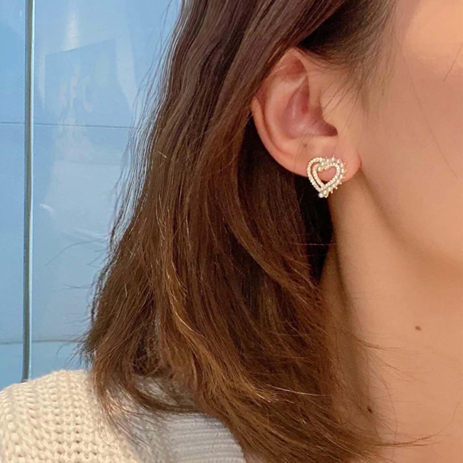 Vintage Crystal Heart Love Stud Earrings Hollow Heart Pearl Earrings Open Cz Heart Love Hoop Earrings Boho Rhinestone Heart Love Stud Earrings for Women - Image 5