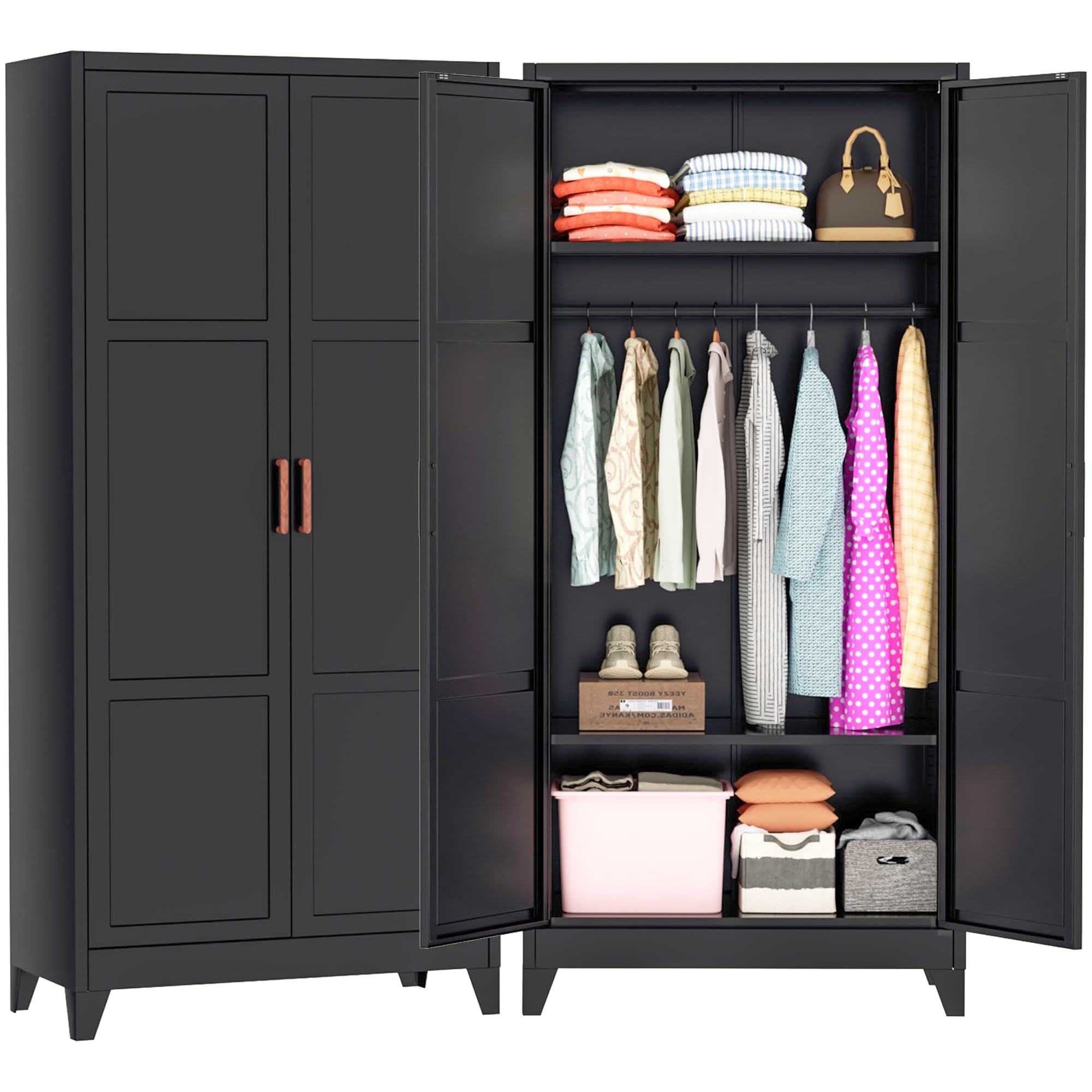 Greenvelly Metal Wardrobe Cabinet, 19" D x 34" W x 71" H Metal Wardrobe Closet with Hanging Rods and Adjustable Shelves,Clothing Storage Closet
