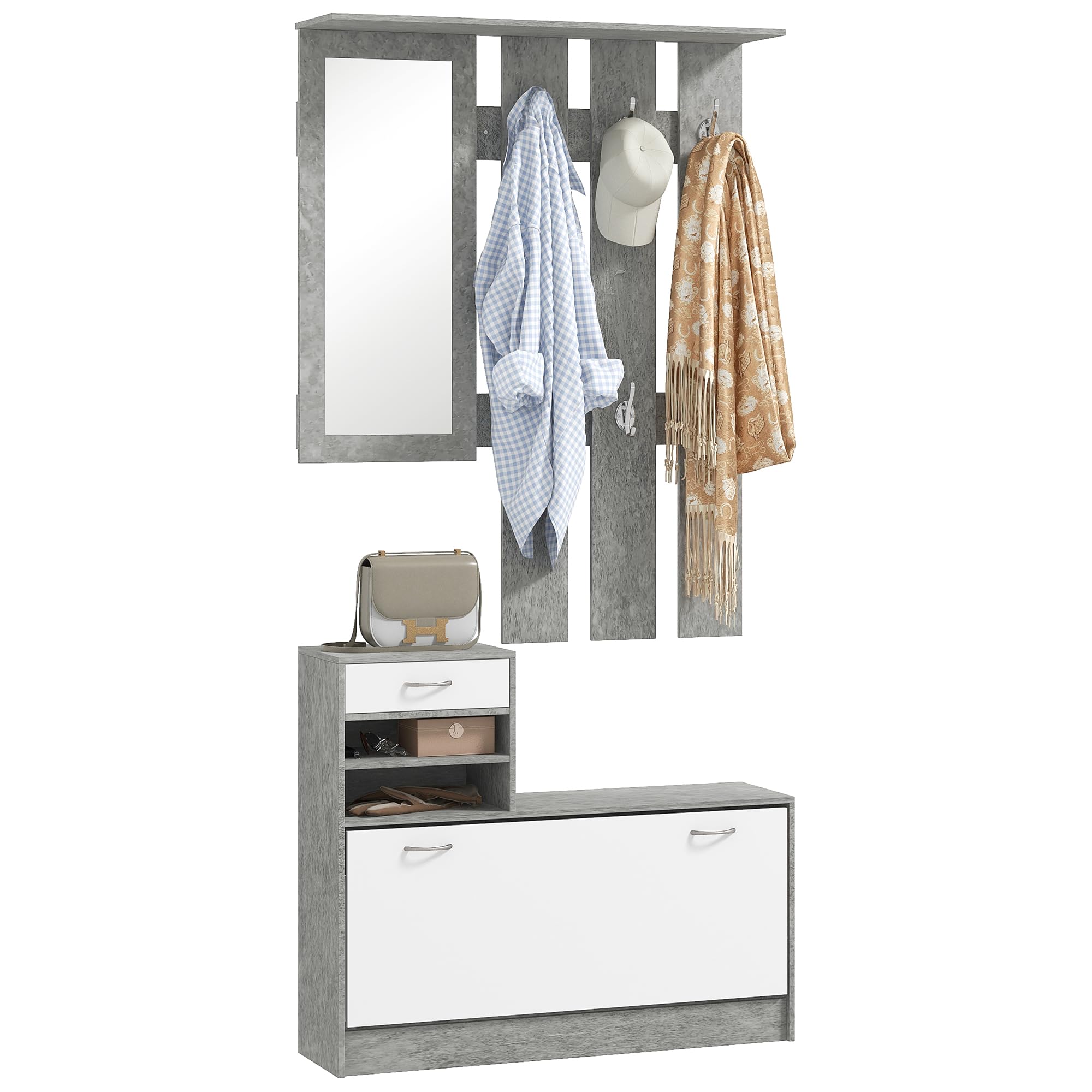 HOMCOM Set Mobili Ingresso Moderno con Scarpiera e Specchio, Appendiabiti da Ingresso con 6 Ganci, 2 Ripiani Regolabili e Cassetti in Legno per Corridoio, Bianco e Grigio Chiaro
