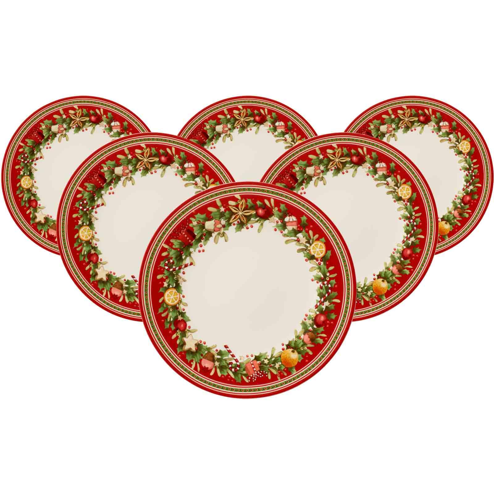Villeroy & Boch Winter Bakery Delight Speiseteller 6er Set, 27 cm, Runder Essteller mit Weihnachtsmotiven, Premium Porzellan, Weiß/Rot