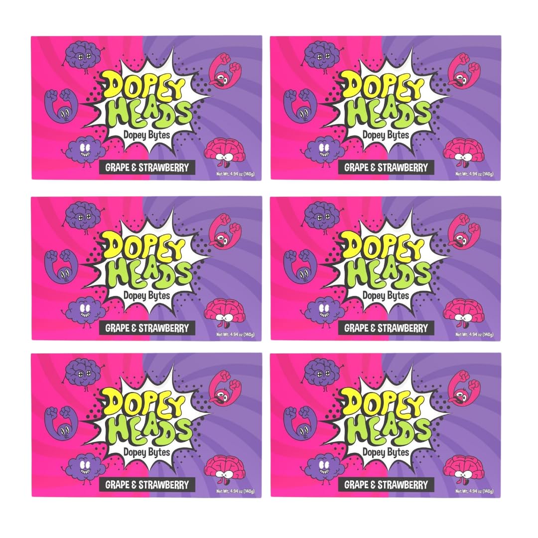 Dopey Heads | Dopey Bytes | HALAL | Crunchy Bytes | Grape & Strawberry Flavour | Theatre Box | Tiny Candy | Pack of 6 | Weight 140g (4.93 oz) Each - Grape & Strawberry
