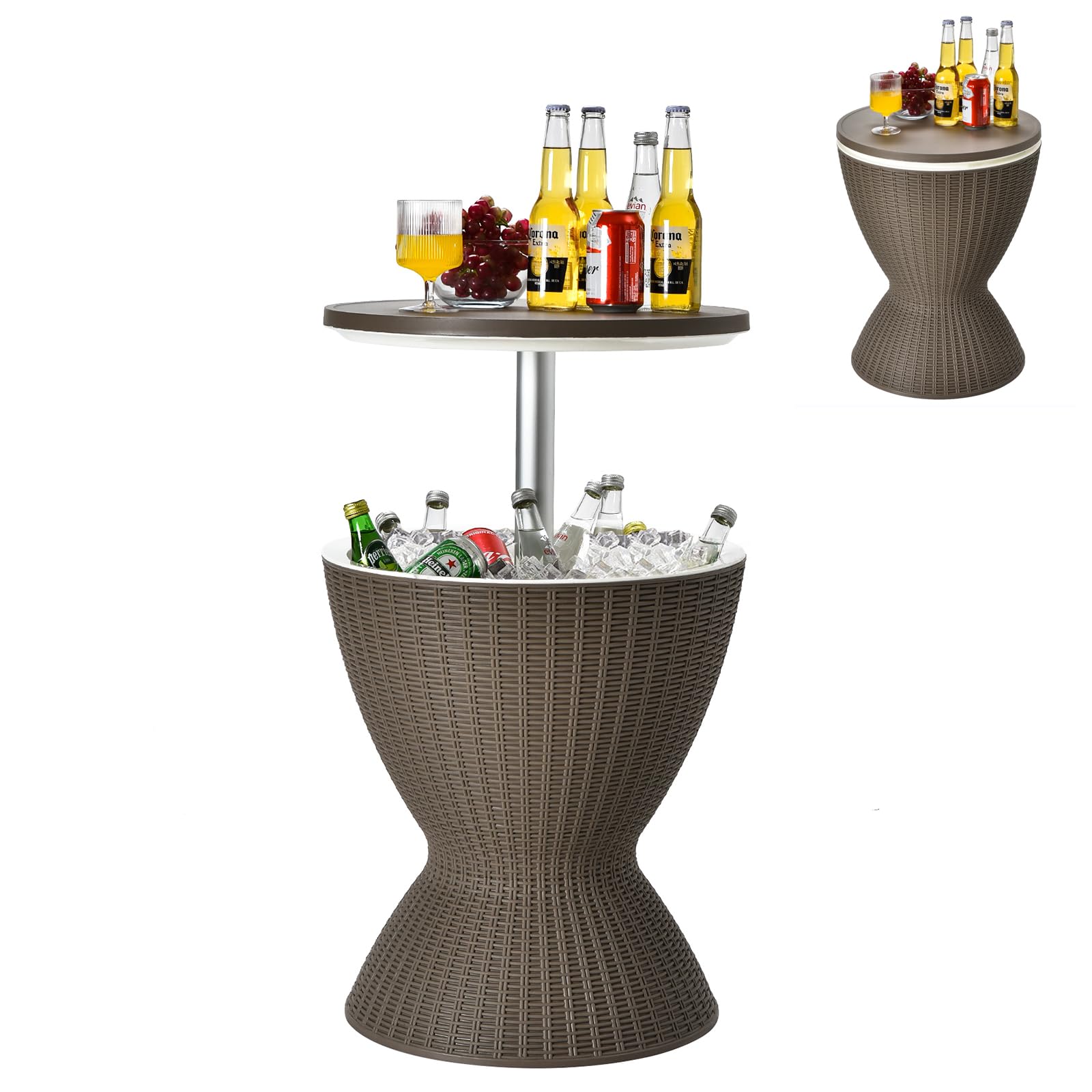 SOARS 3 En 1 Mesa Nevera para Jardín, 30L Cool Bar con Enfriador de Bebidas, Mesas de Cóctel con Hielo Altura Ajustable 57,5-82cm, Mesa de Hielo Carga 75kg para Fiesta Camping Caravaning (Café)