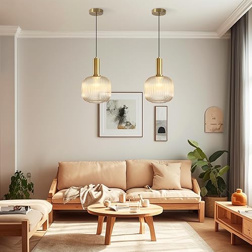 Miniatura 7 de KCO Lighting - Lámpara colgante de globo de vidrio ámbar, moderna de mediados de siglo, para isla de cocina, iluminación colgante dorada, lámpara