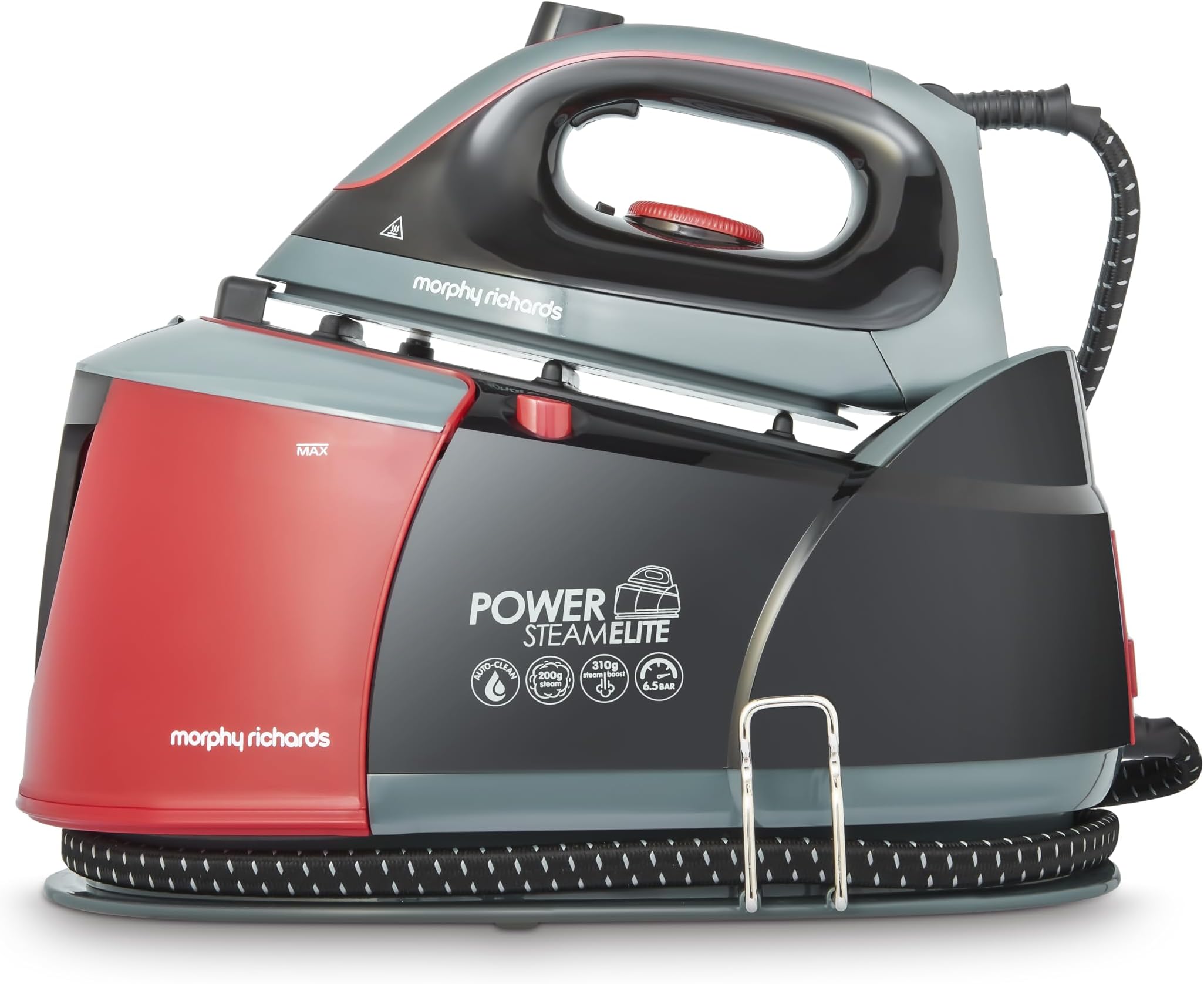 Power Steam Elite + Steam Generator Iron, Ceramic Non-stick Soleplate, 310g Steam Boost, 200g Steam Output, 6 Bar, Auto Clean, 1.3L Water Tank, 1.8m Cord, 2400W, Black/Red, 332013