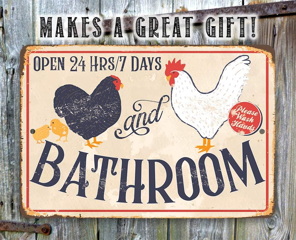 Hen & Rooster Bathroom - Funny Farmhouse Bathroom Decor, Restroom Display and Chicken Coop Accessories, 12x18 Use Indoors or Outdoors Durable Rustic Metal Sign