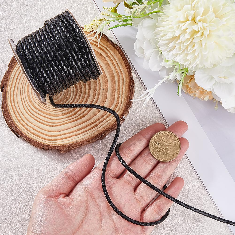 SUNNYCLUE 11 Yards/10M Black Braided Leather Cord Bolo Leather Cord Rope 3mm Round Cowhide Leather Folded Braiding Tie Strap Cords for Jewellery Making Necklaces Bracelets Lanyards Supplies DIY Crafts - Image 3