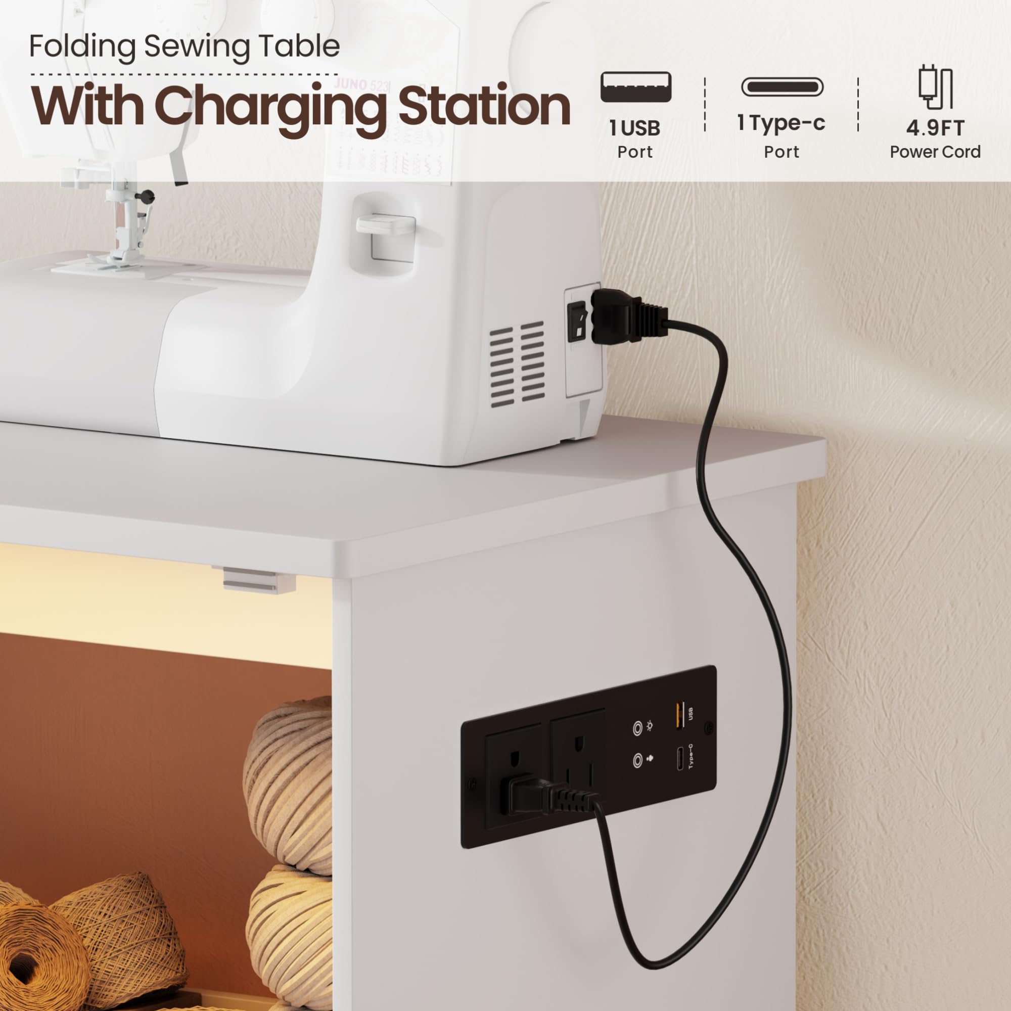 Gurexl 2 in 1 Nähtisch klappbar mit Ladestation und Led Beleuchtung,Nähmaschinentisch mit Ablagefach und Rollen,Basteltisch mit Offenen Ablagefächern und 3 Einlegeböden für Nähmaschine,Weiß