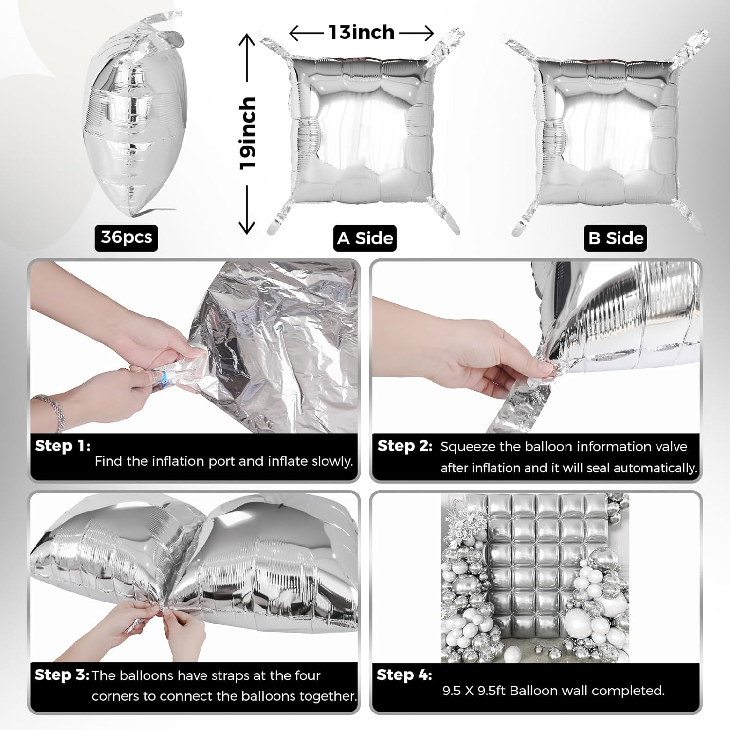 36pcs Silver Square Foil Balloons Wall Backdrop with 144pcs Balloon Garland Arch Kit, Double Sided Balloons for Bachelorette Baby Shower Birthday Anniversary Graduation Prom Party Decorations thumbnail