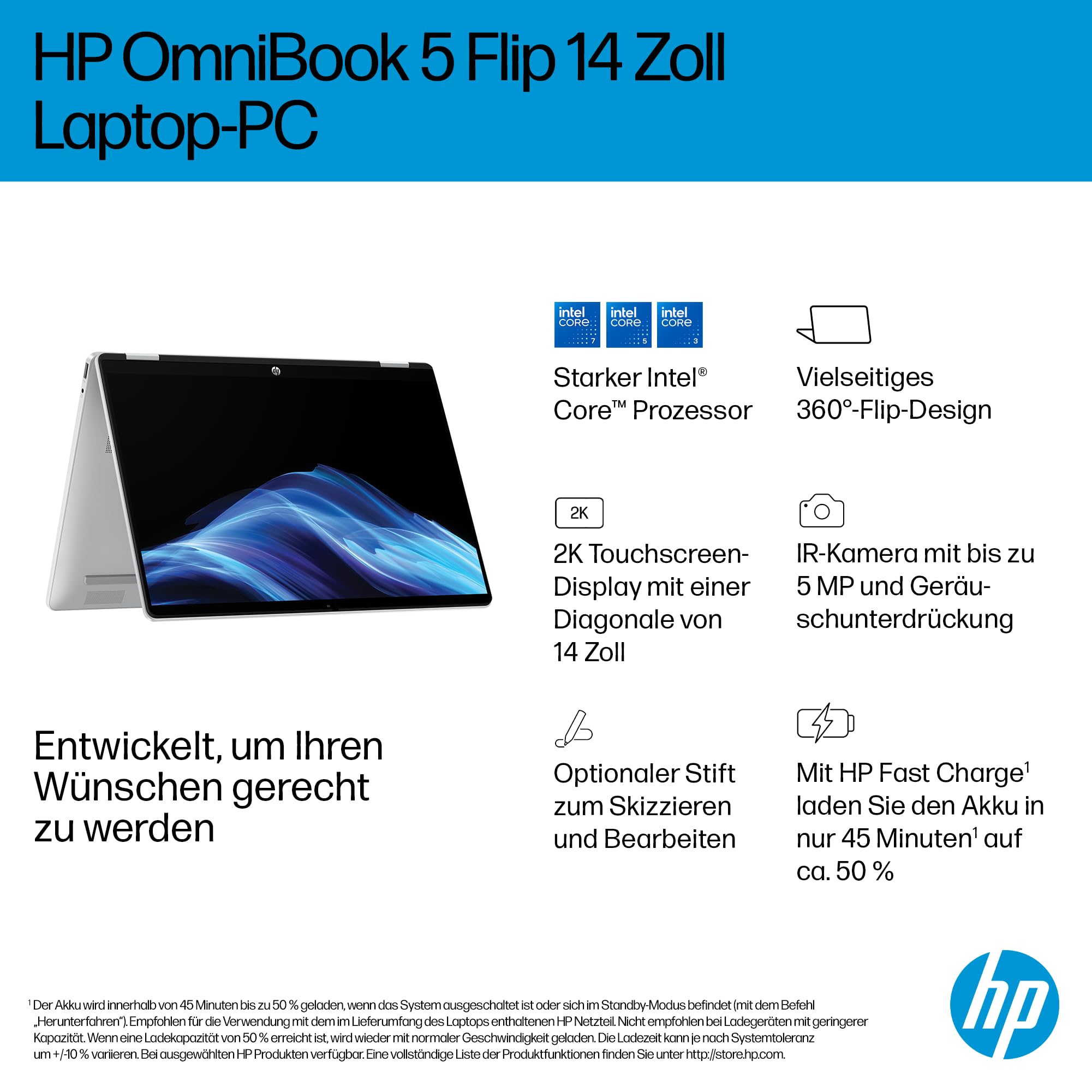 HP OmniBook 5 Flip 14-fp0254ng 2 in 1 Convertible Laptop, 14 Zoll 2K-Touchscreen, Intel Core i5-1334U, 16 GB RAM, 512 GB SSD, Windows 11 Home, Silber