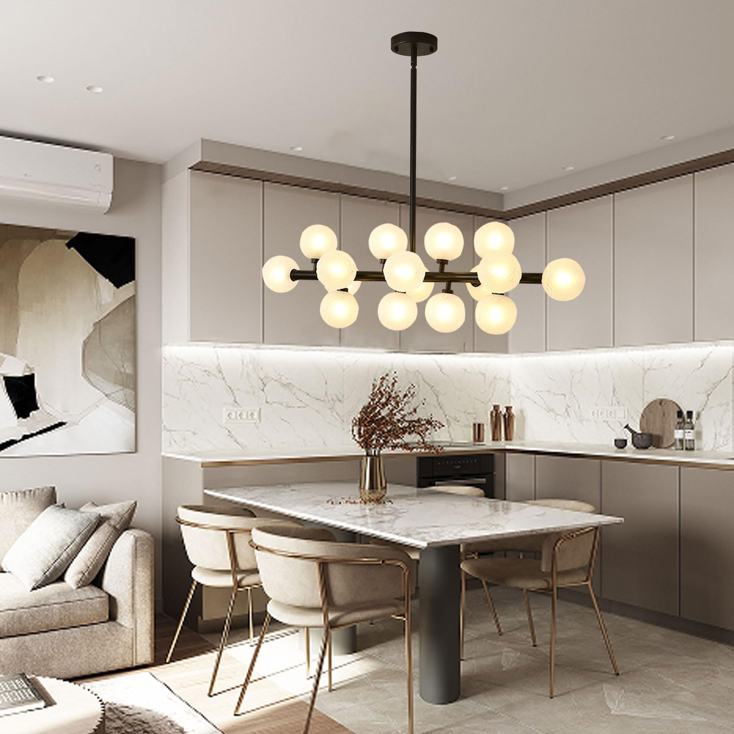 Mid Century Modern Chandelier, 16 Lights Dining Room Chandelier Over Table Sputnik Chandeliers Linear Chandelier Black Pendant Light Fixtures, Linear Chandeliers for Dining Room (Black & White Glass)