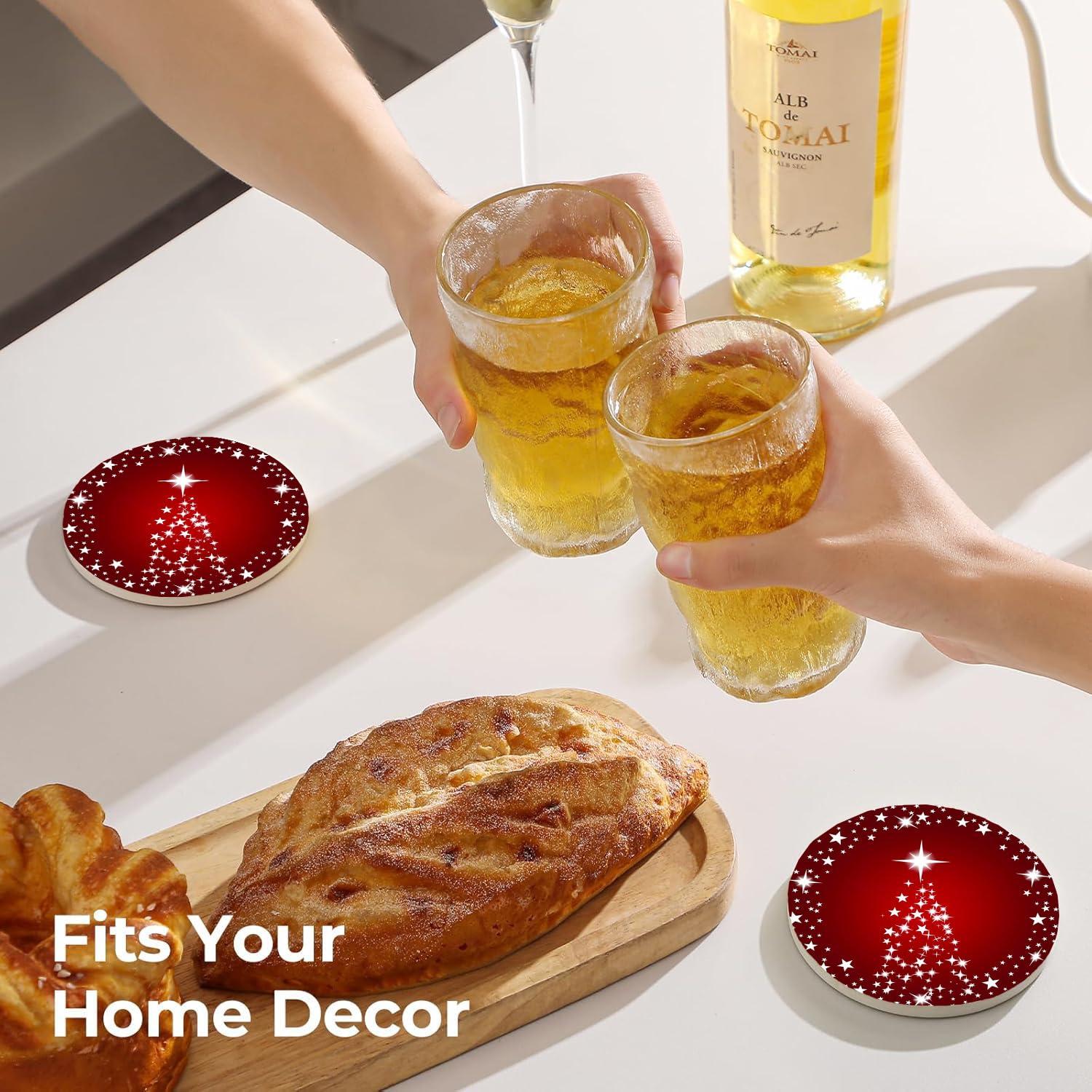 Set di 6 sottobicchieri rotondi assorbenti in ceramica con supporto in metallo, sottobicchieri rossi natalizi con base in sughero, per tavolino, cucina, regali