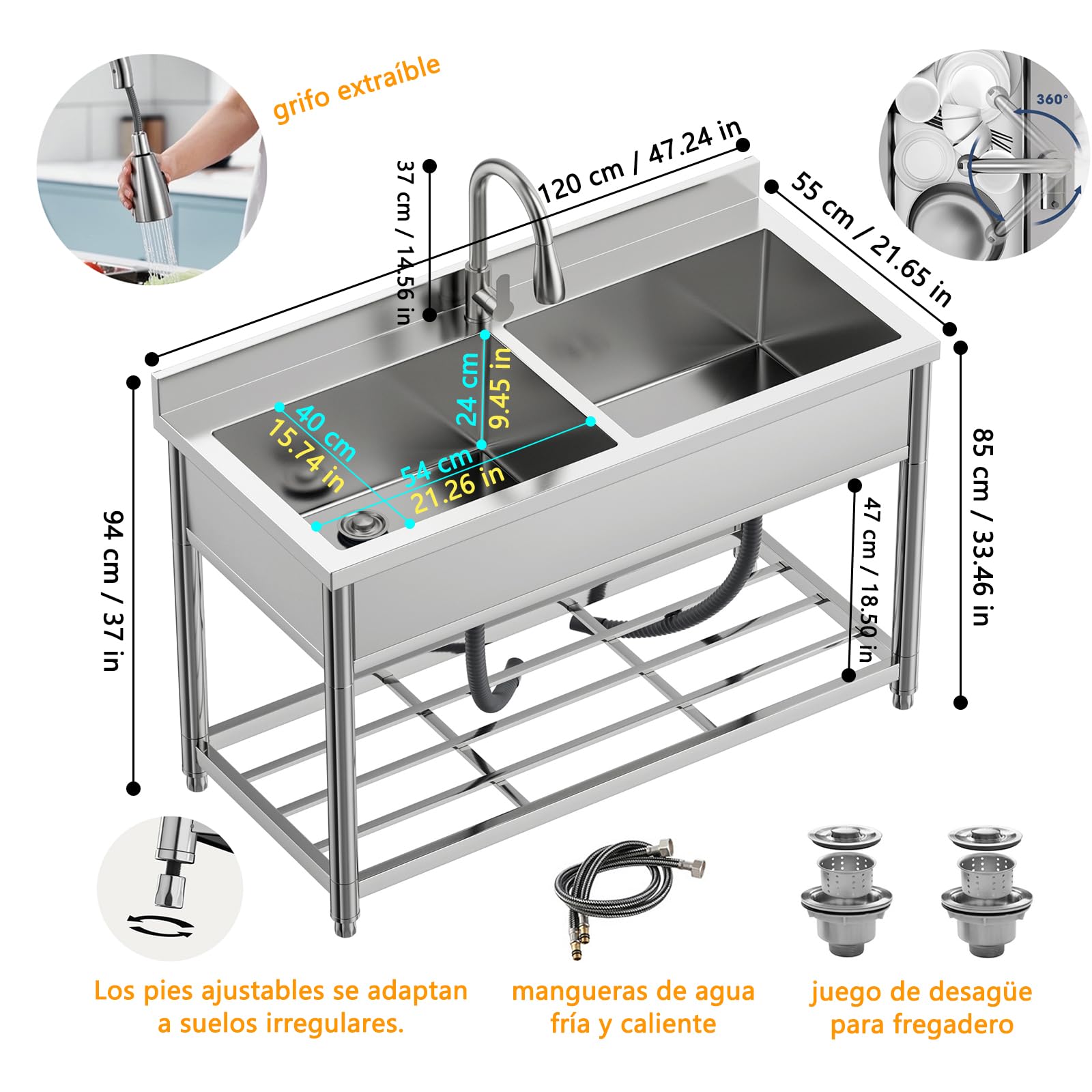 Fregadero de cocina de acero inoxidable independiente, 2 cuencos, fregadero de cocina comercial con grifo extensible, fregadero exterior para cocina, garaje, lavandería, restaurante, 55 x 120 x
