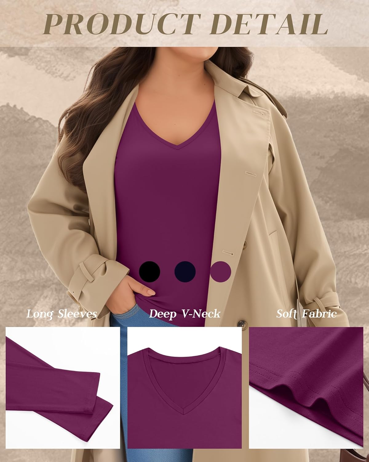 3 Pack Women's Plus Size Shirts, Deep V Neck Long Sleeve Tops Slim Fit Cotton Blend T-Shirts Casual Basic Layer Tee - Image 5