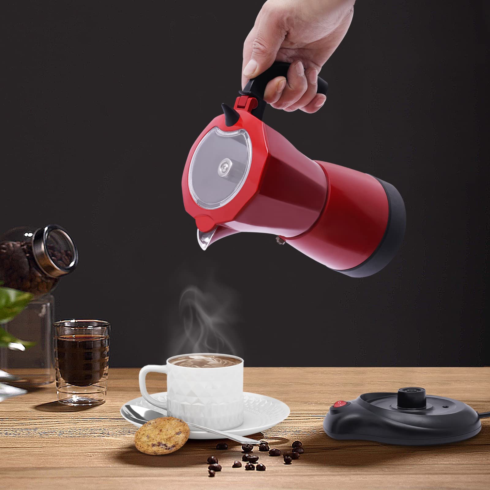 Caffettiera elettrica 300 ml, macchina per caffè espresso piccola e compatta per 1-6 tazze, Moka Pot con base girevole a 360°, ideale per casa, ufficio e viaggi