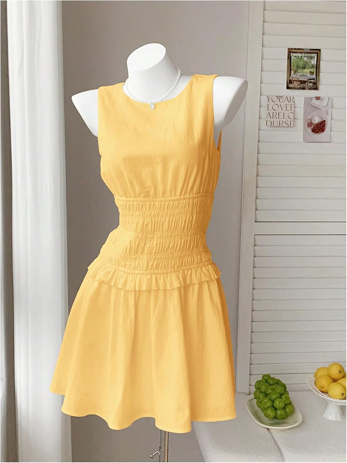 MakeMeChic Women's Summer Shirred Crew Neck Tank Dress Sleeveless High Waisted Mini Dresses - Image 4