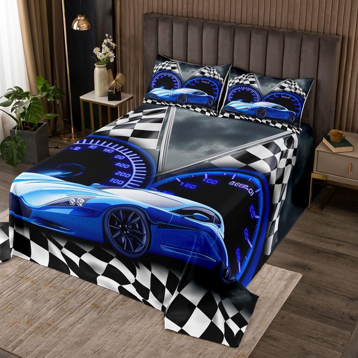Castle Fairy Kid Race Car Quilt Sets Queen Size,Black White Grid Bedspread 3Pcs for Kids Teens Youth Room Decor,Extreme Sport Games Bedding Sets Neon Red Sports Car Coverlet,2 Pillowcases