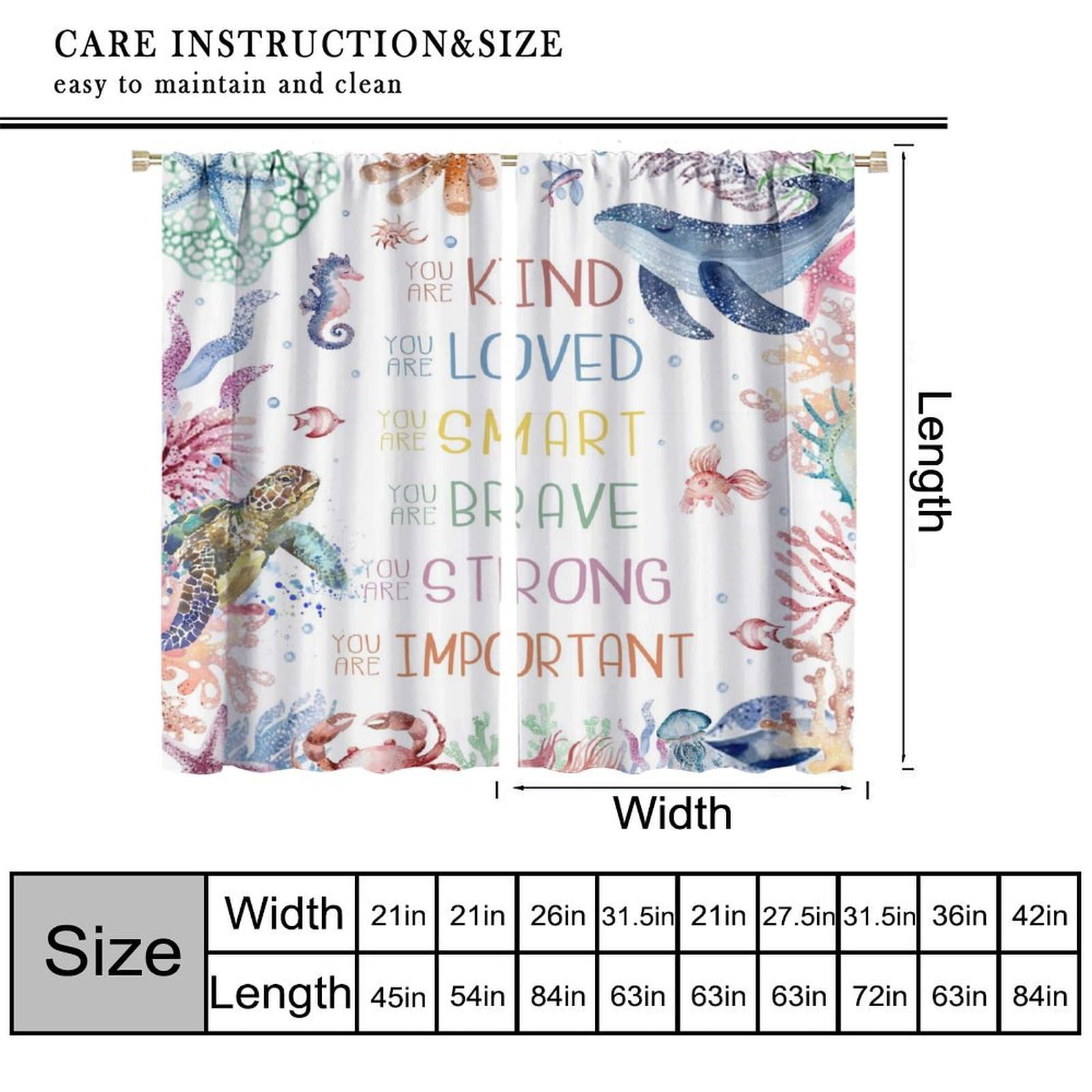 Kids Sea Animal Curtains, Funny Fairy Tales Colorful Inspirational Quotes Ocean Whale Coral Starfish Drapes For Child, Blackout Rod Pocket Window Treatments for Living Room Bedroom Bathroom 42x45in