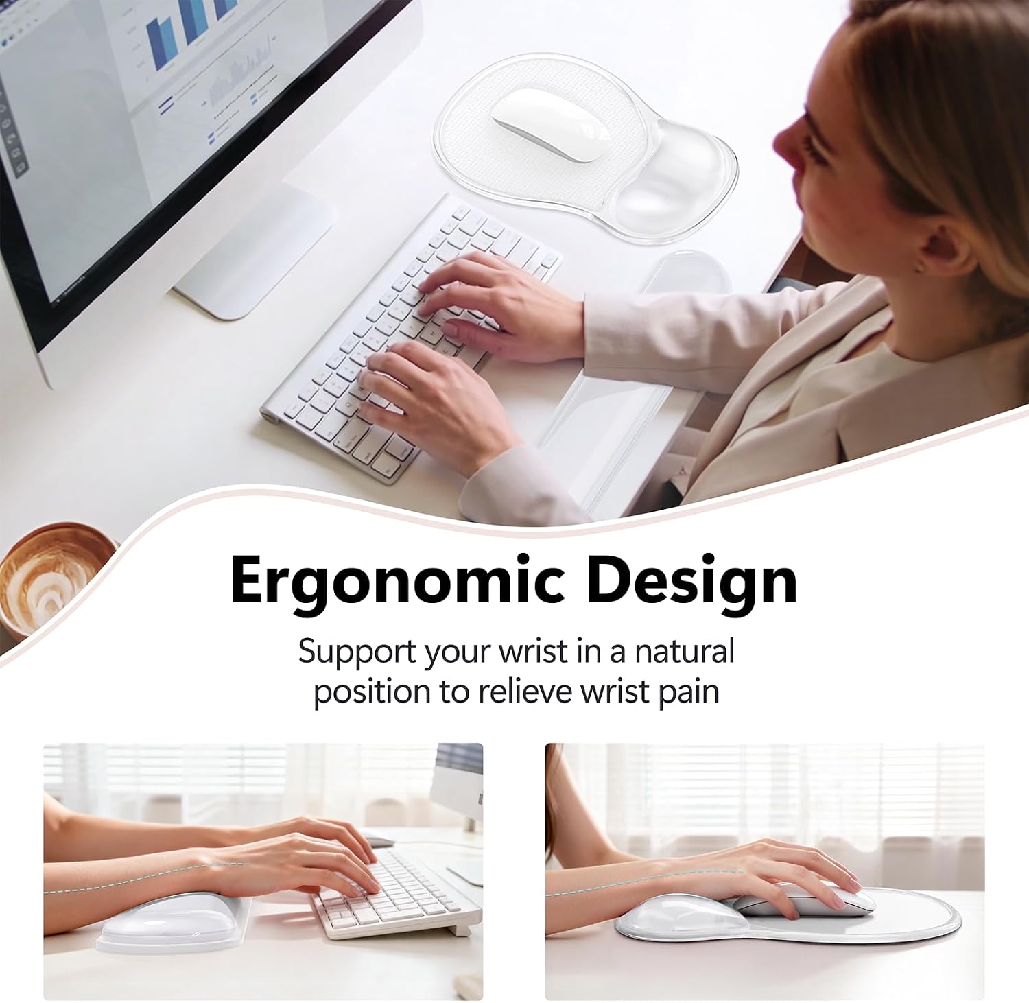 AKIT Ergonomic Mouse Pad and Keyboard Wrist Rest, Gel Wrist Rest for Computer Keyboard, Non-Slip Base, Pain Relief, Mousepad Set for Gaming, Home and Office, Clear