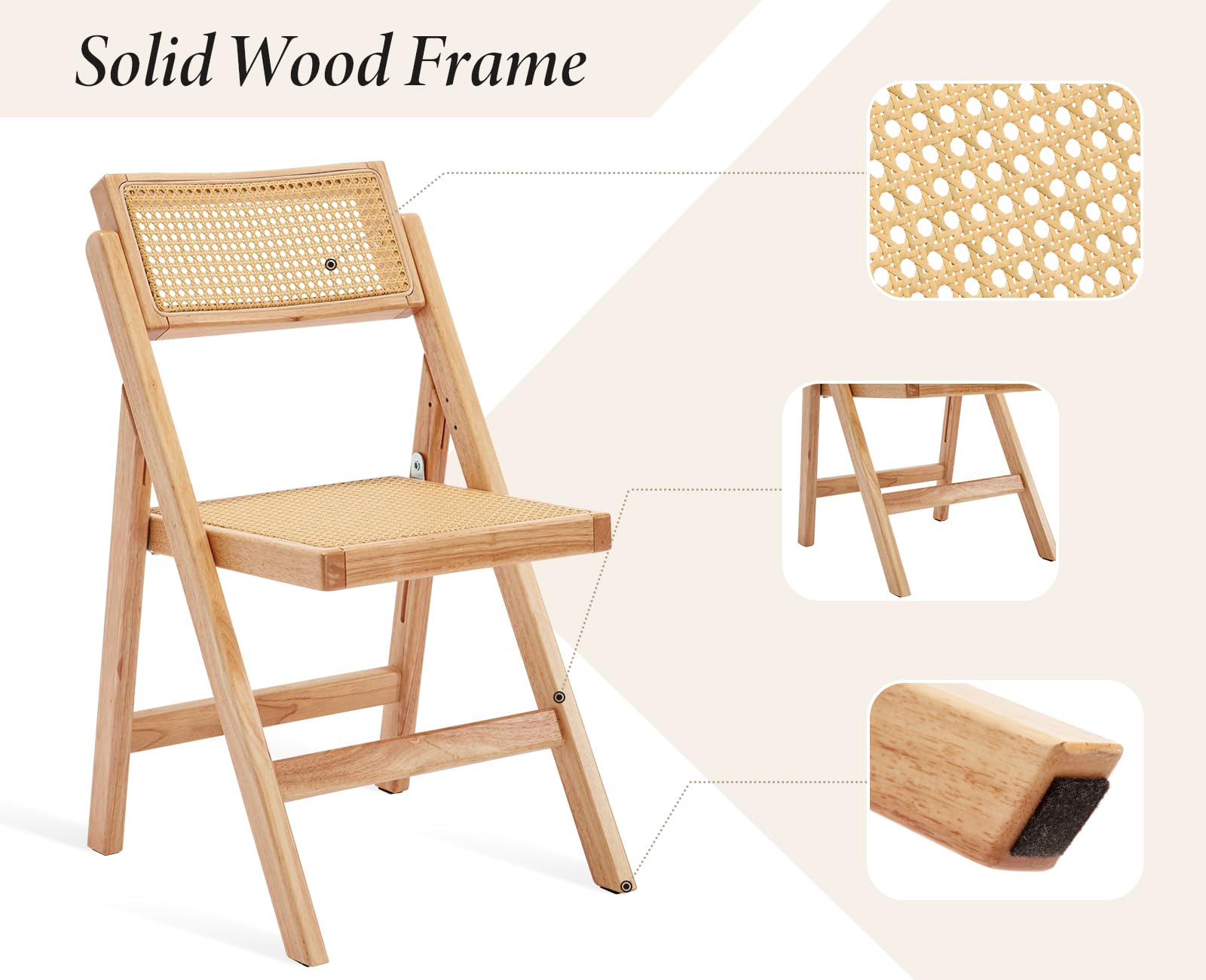 chairus Juego de 2 Sillas de Comedor de Madera Sillas de Jardín Plegables de Ratán, Sillas de Terraza sin Reposabrazos para Exterior/Cocina, Color Natural