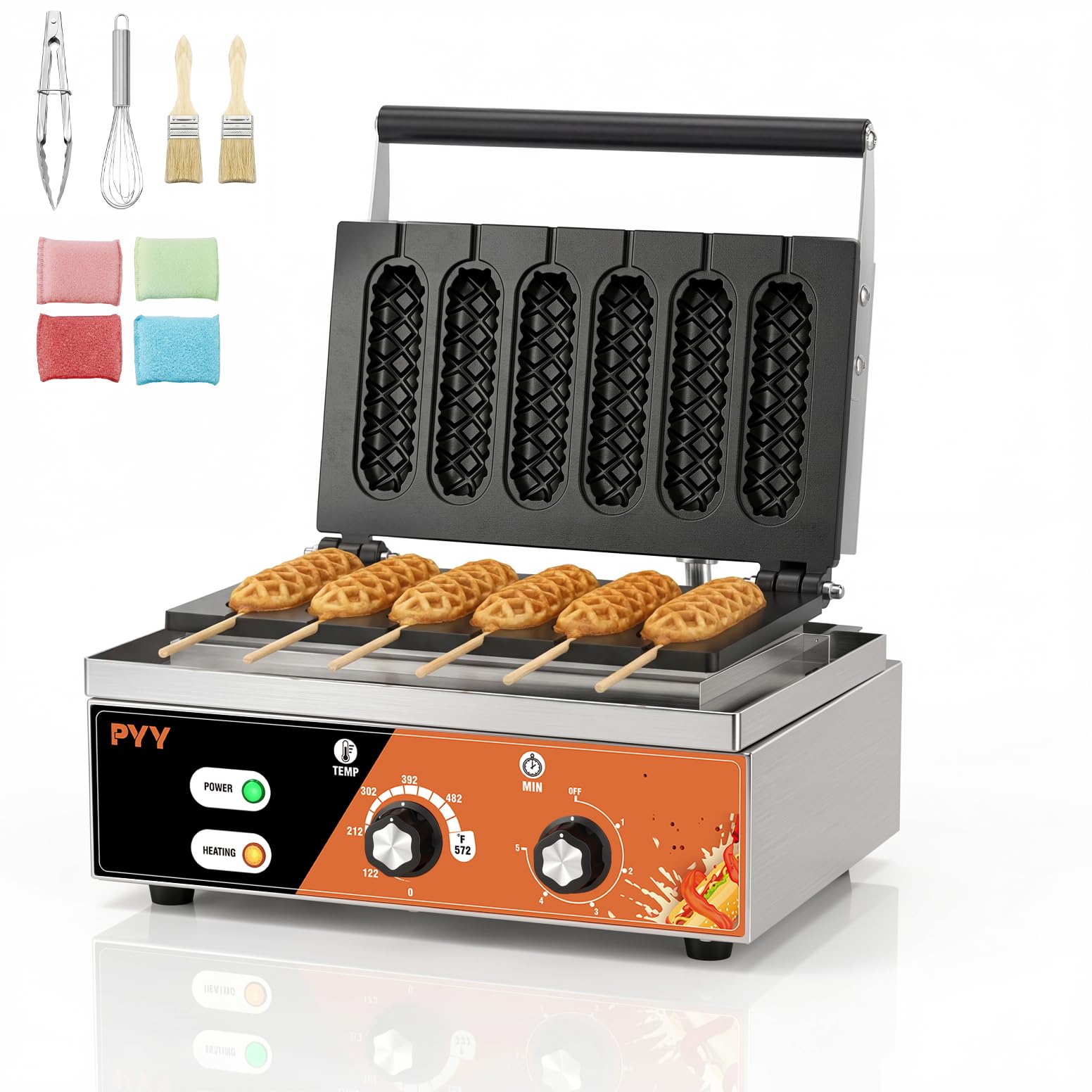 PYY Corn Dog Waffle Maker - 6PcsCommercial Waffle Stick Maker Non-stick Stainless Steel Hotdog Waffle Maker Machine 572 ℉ Temperature and 5 Mins Timer for Food Truck, Bakery, Snack Bars 1500W
