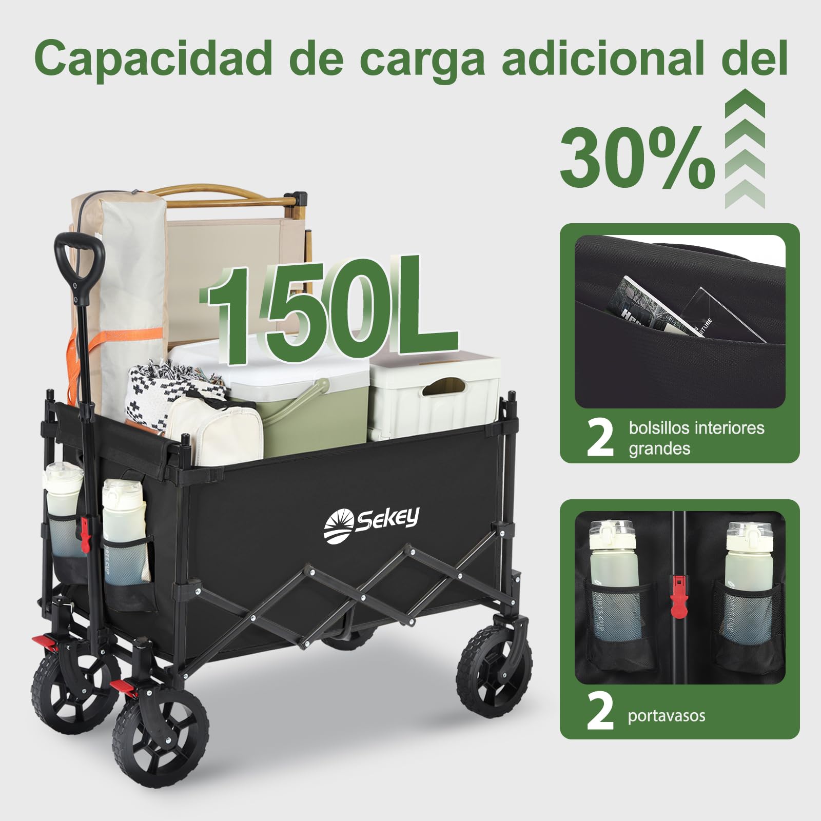 Sekey XXL Carro Playa Plegable con Techo 150L 150KG, Carro Plegable con Ruedas, Carrito Playa con Protección Solar para Playa Camping SE4018, Negro