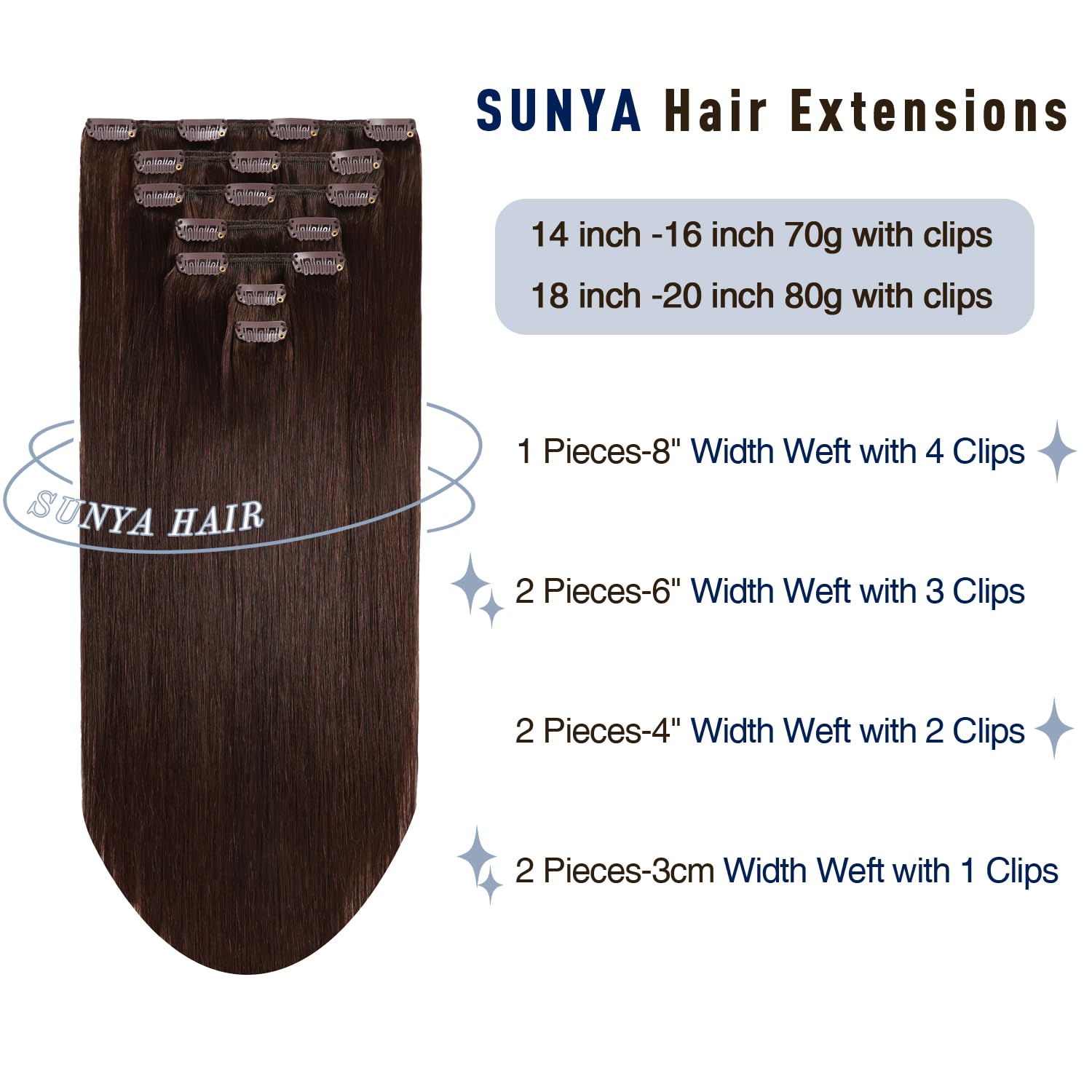 Sunya Clip in Hair Extensions Real Human Hair Dark Brown 12 Inch Double Weft Invisible Seamless Remy 7Pcs 70g - Image 2