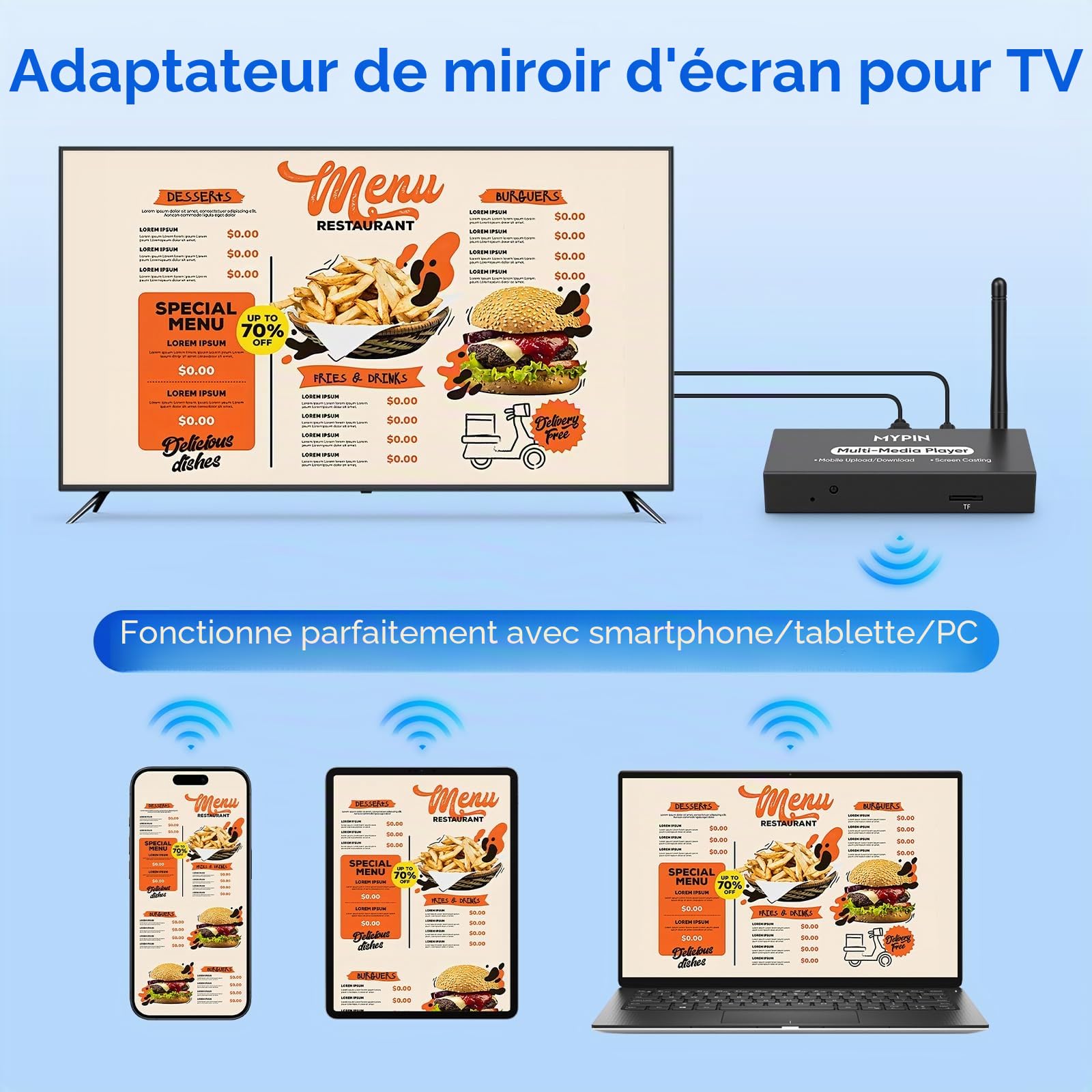 Lecteur Multimédia Publicitaire pour Affichage Numérique ou TV, Adaptateur sans Fil avec Miroitage d'Écran, Partage de Photos, Lecture en Boucle et Automatique
