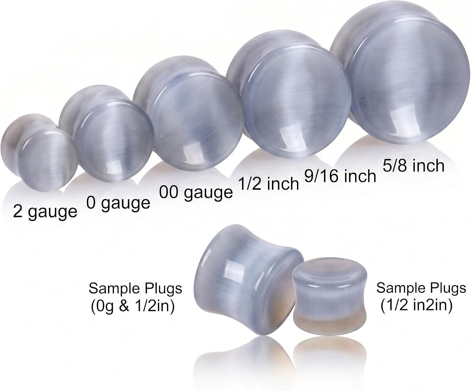 Pair of Light Gray Cat Eyes Concave Stone Saddle Plug Double Flare Ear Lobe E606
