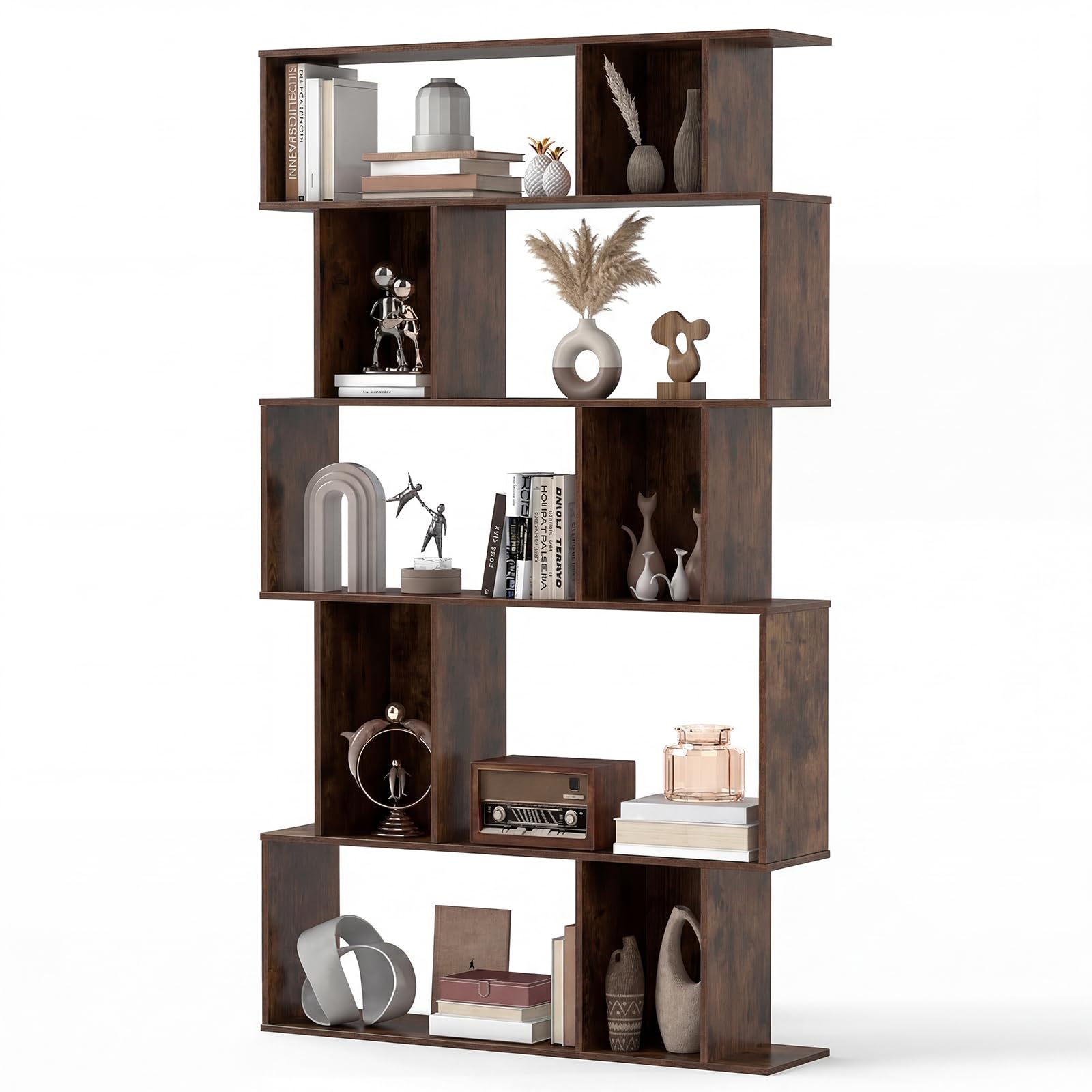 SFAREST 5/6 Tier Bookcase, S-Shaped Bookshelf(Rustic Brown,90 x 22 x 158cm)