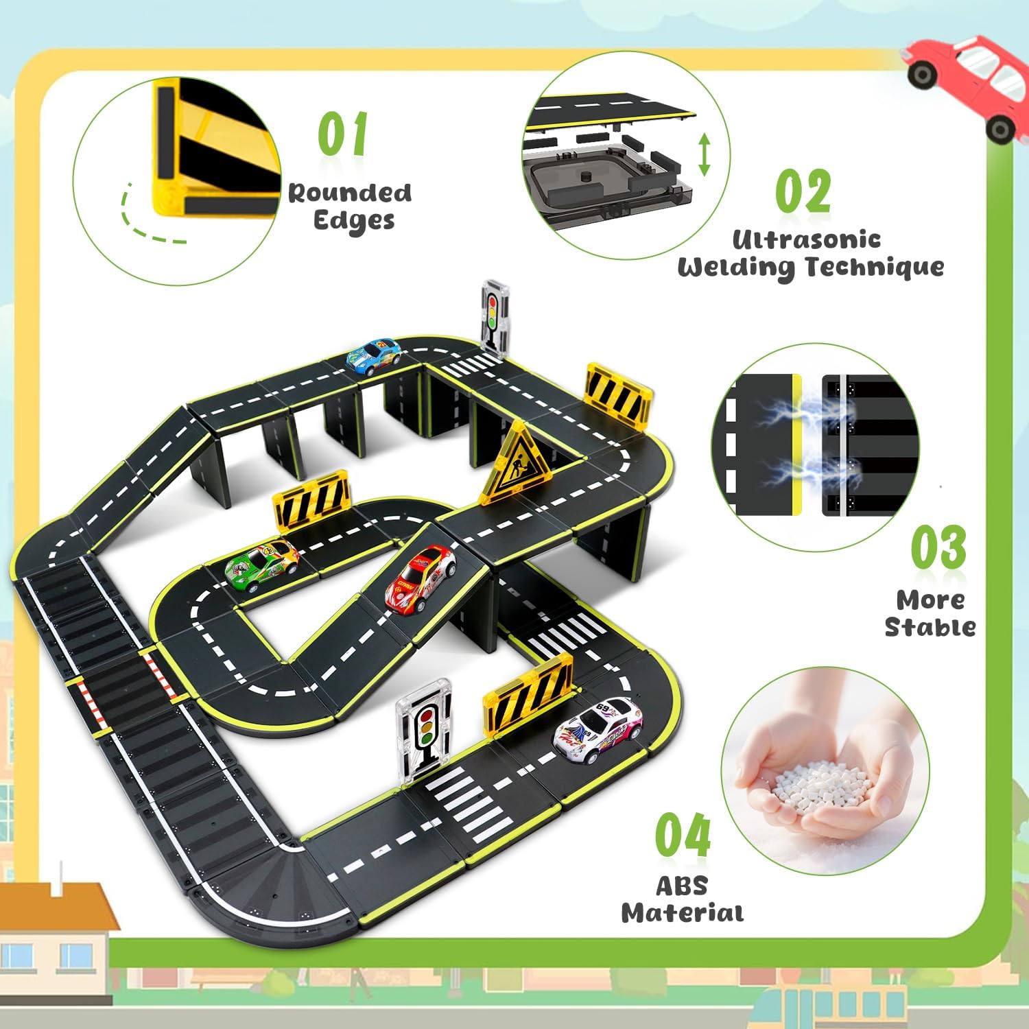 Magnetic Tiles Road Set, 45Pcs Large Double Sided Magnetic Blocks with Pullback Cars & Traffic Signs, STEM Toys for Kids Ages 4-8, Creative Gifts for 3+ Years Old Boys Girls image 3