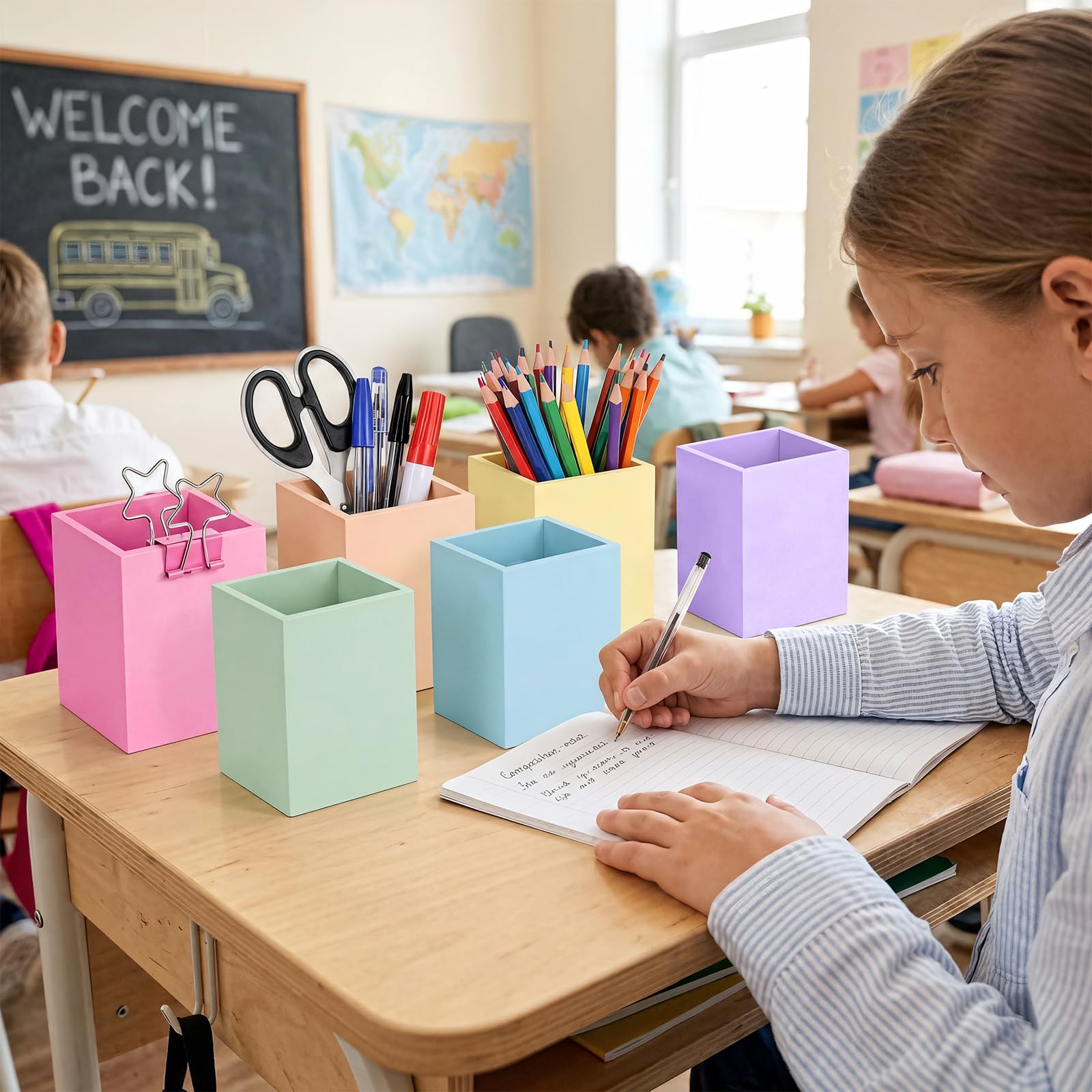 Lebaley Lot de 6 porte-crayons pastel pour salle de classe – Joli pot à crayons en bois pour la rentrée scolaire, distributeur de crayons pour enseignant, étudiant, bureau, décoration de la maison