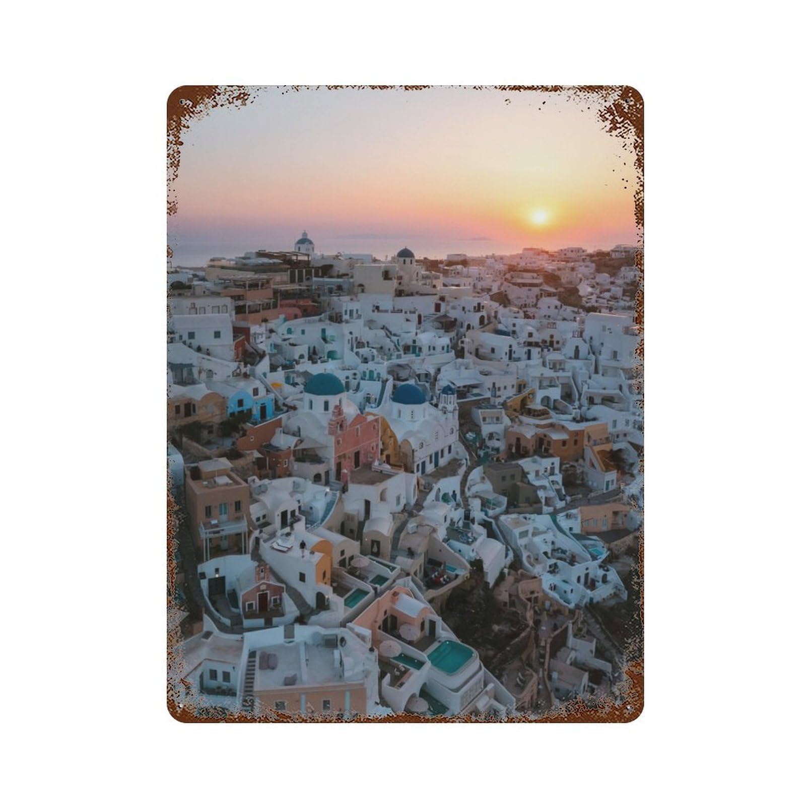 Vintage Rust Metal Sign with Sunrise over Oia Santorini Design 15.7"x11.8", for Garage, Bar And Workshop Decor, Retro Wall Decor