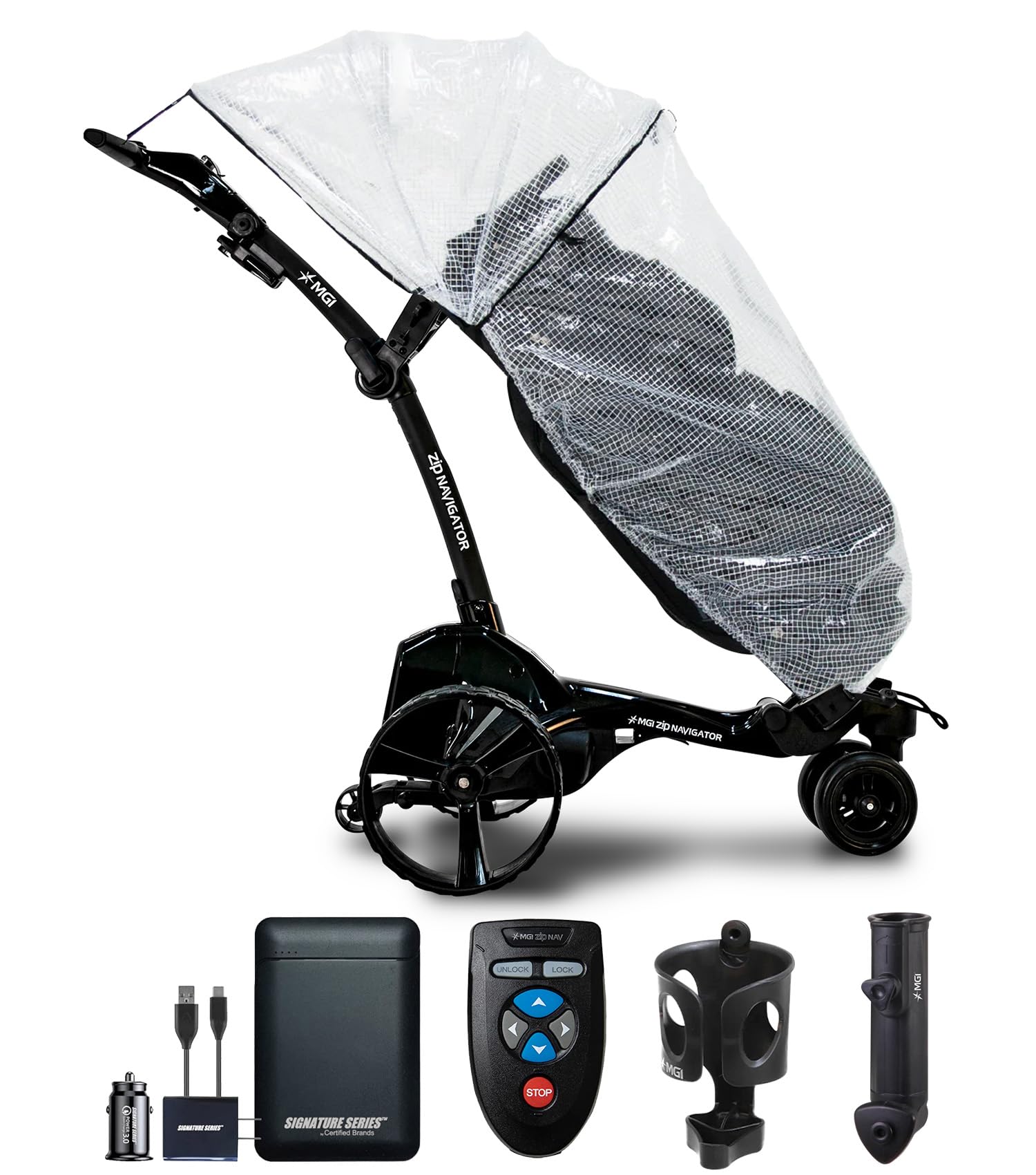 Mgi Zip Navigator Electric Golf Push Cart With Rain Cover