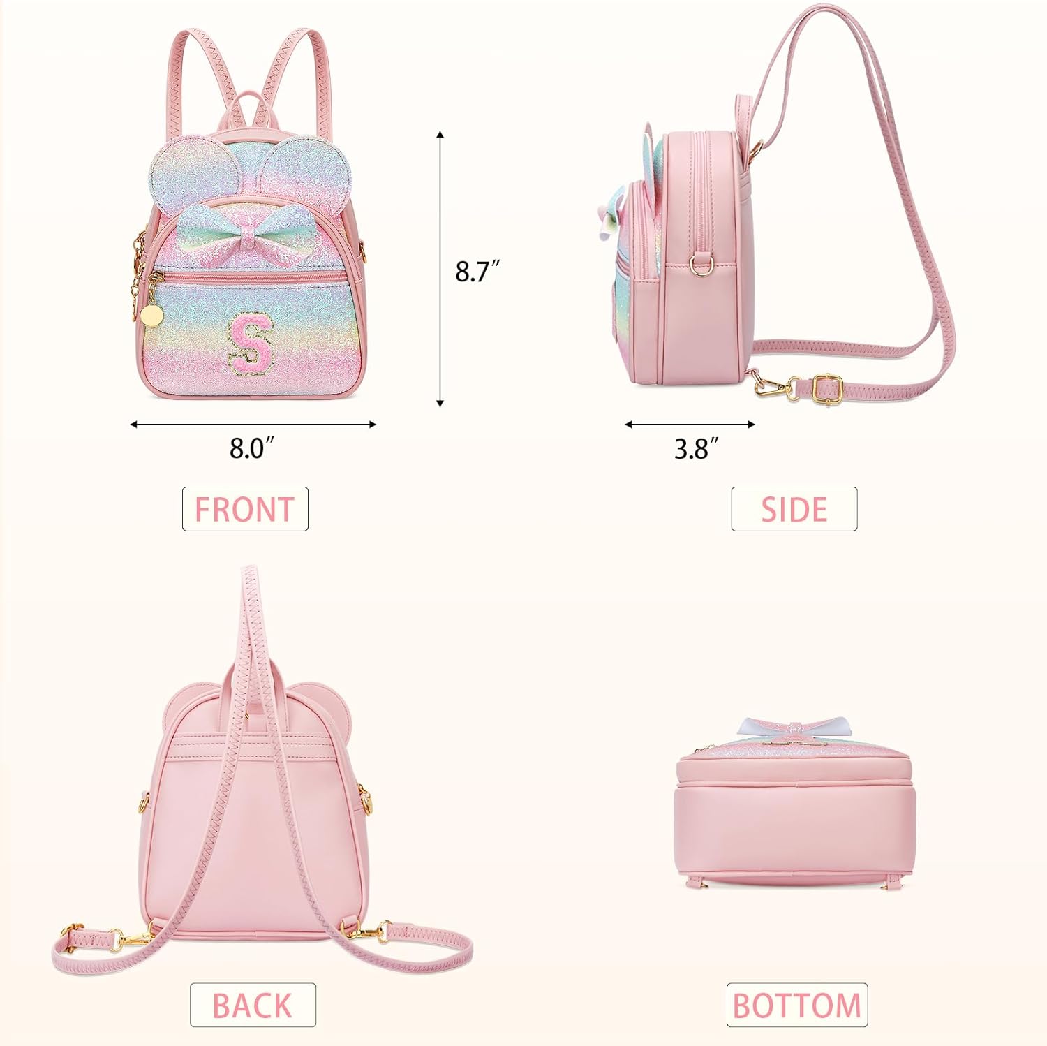 KKXIU Initial Bowknot Mini Backpacks for Girls Women, Small Cute Backpack Purse, Personalized Birthday Gifts for Toddler, Kids and Teen Girls(S, Rainbow) - Image 7