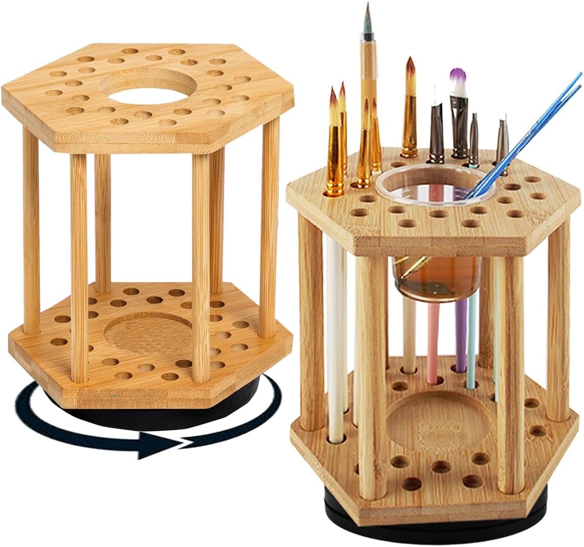 360 Degree Rotary Brush Holder and Display Drying Rack - Multifunctional Organizer - Hexagonal Holder 24 Brushes, Brush Holder - Artist's Brush, Bamboo - Original (2pcs)