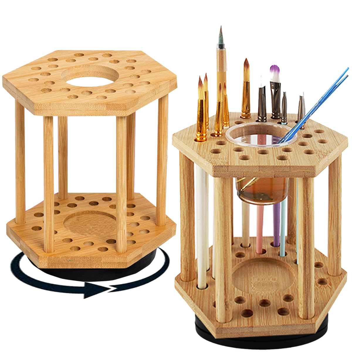 360 Degree Rotary Brush Holder and Display Drying Rack - Multifunctional Organizer - Hexagonal Holder 24 Brushes, Brush Holder - Artist's Brush, Bamboo - Original (2pcs)