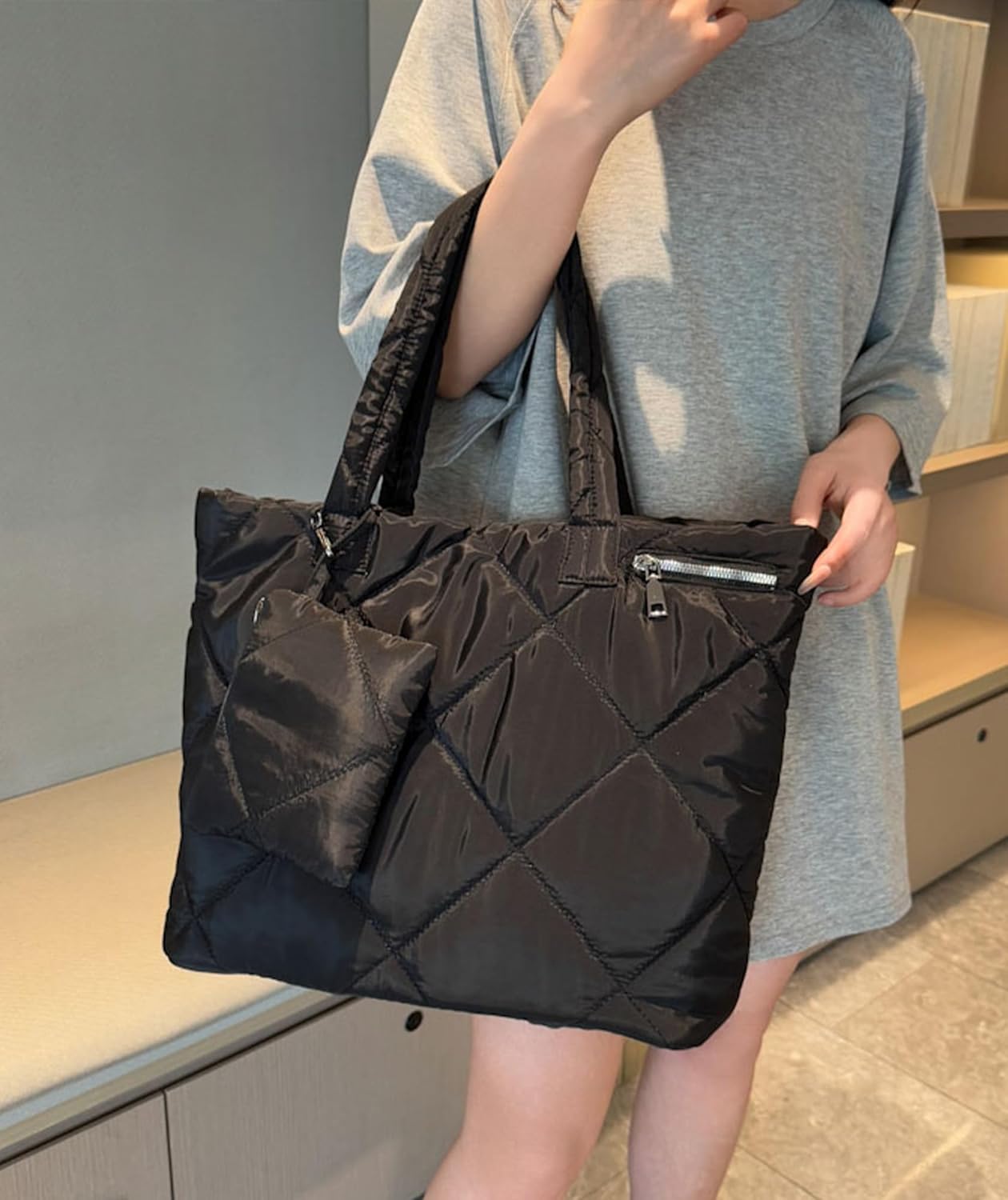 Quilted Tote Bag Set for Women, Puffer Shoulder Bag with Crossbody Purse and Small Pouch, Lightweight Travel Work Gym Handbag