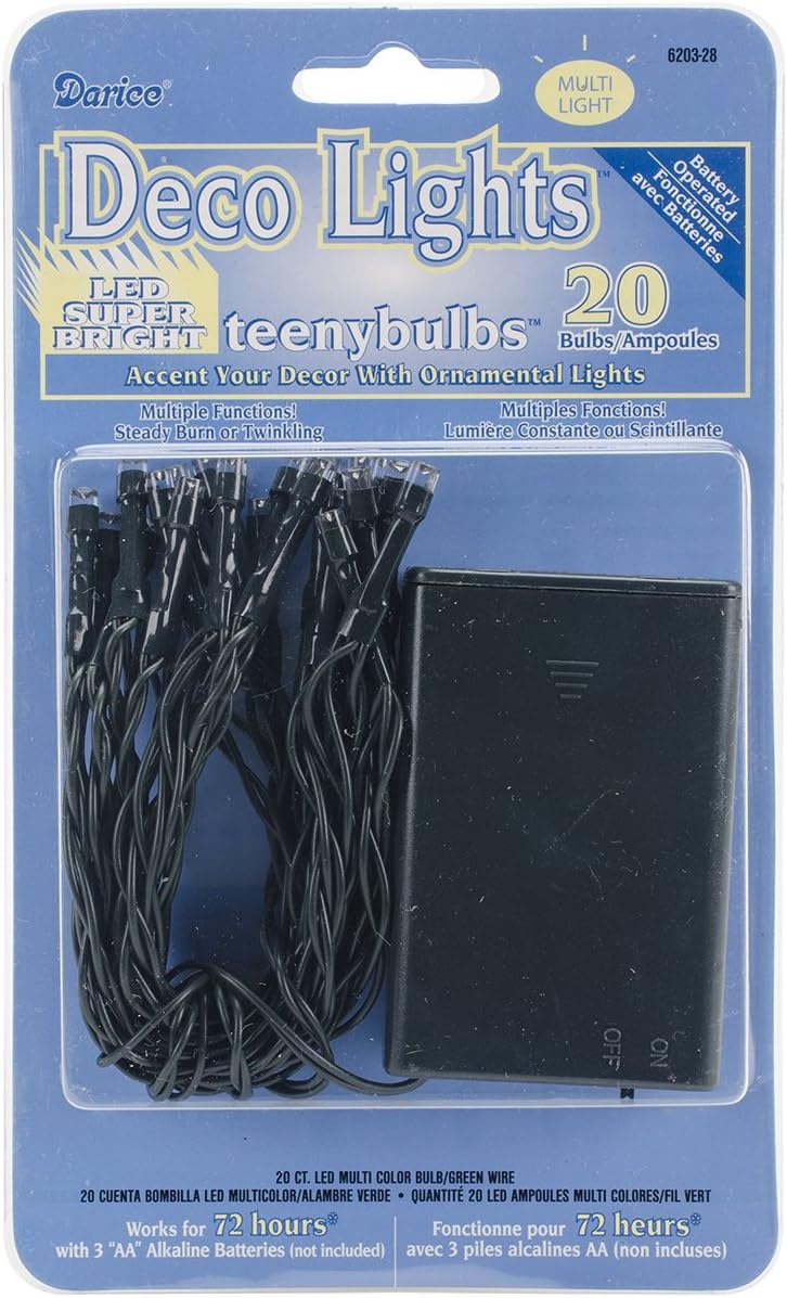 Darice Deco, Battery Operated, 20 LED Multi with a Green Wire Teeny Bulb Light Set, Multicolored