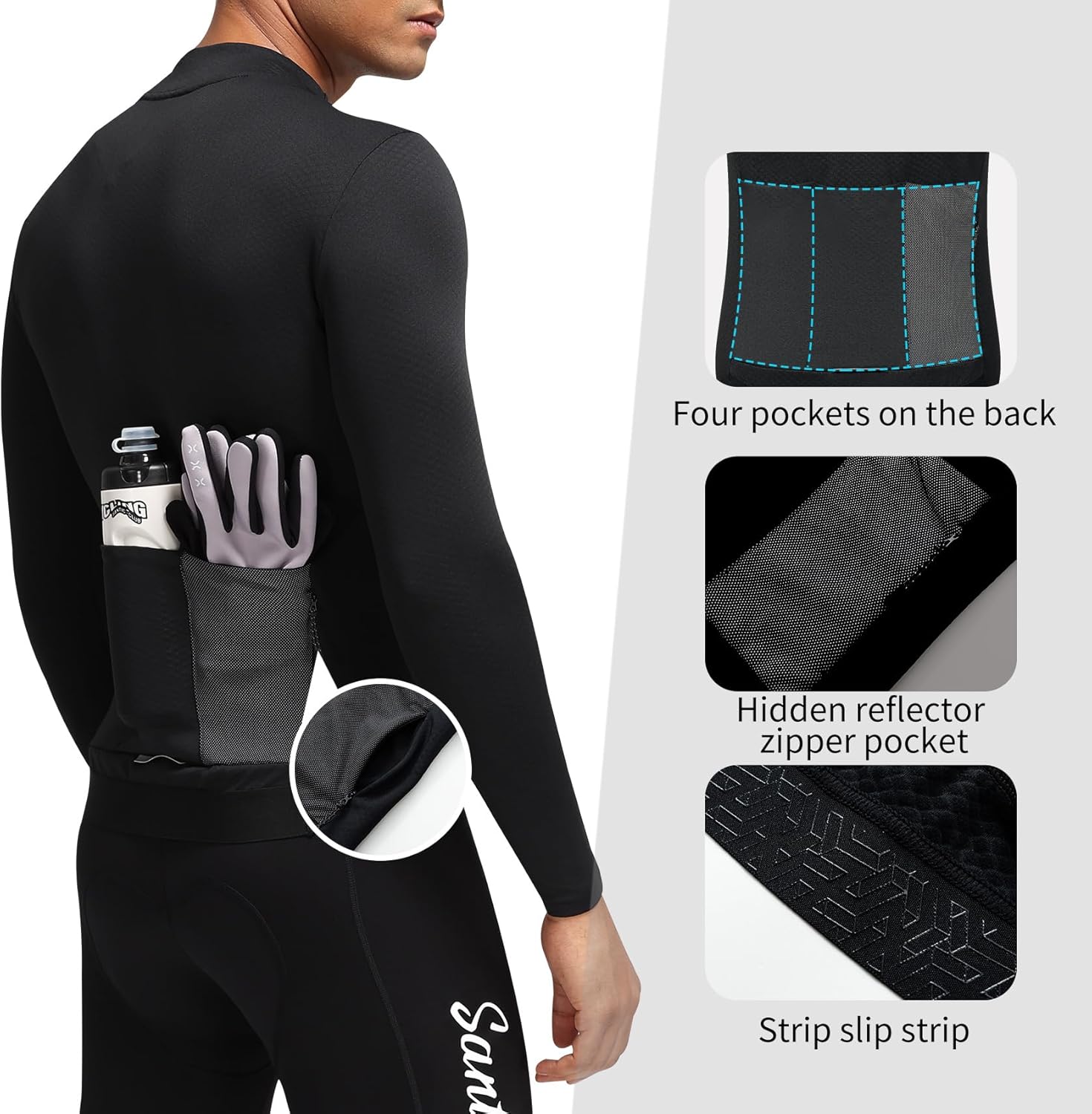 Santic Men's Cycling Jersey Winter Thermal Pro Long Sleeve Fleece Cycling Jacket with 3 Pockets - Image 4