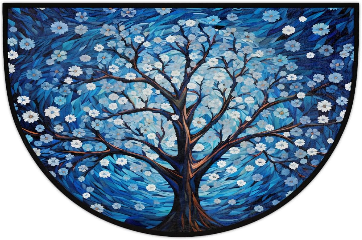 Half Round Door Mat Oil Painting Flower Art Half Moon Rug Washable Half Circle Area Rugs Indoor Entrance Non Slip Semi Circle Bathroom Rugs Floor Carpet for Kithen Bedroom Fireplace Decor