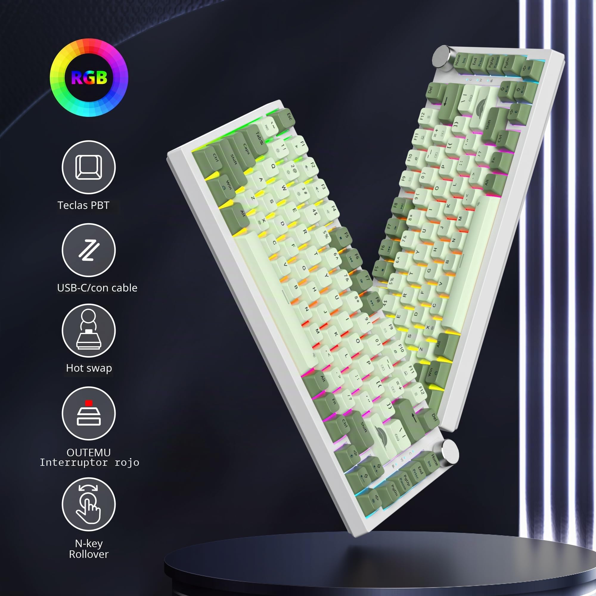 SOLIDEE Teclado Intercambiable en Caliente 75%,Retroiluminación RGB con Interruptor Rojo,TTeclado para Juegos de 82 Teclas TKL,Teclado Compacto NKRO con Control de Perilla de Aluminio(82 Matcha)