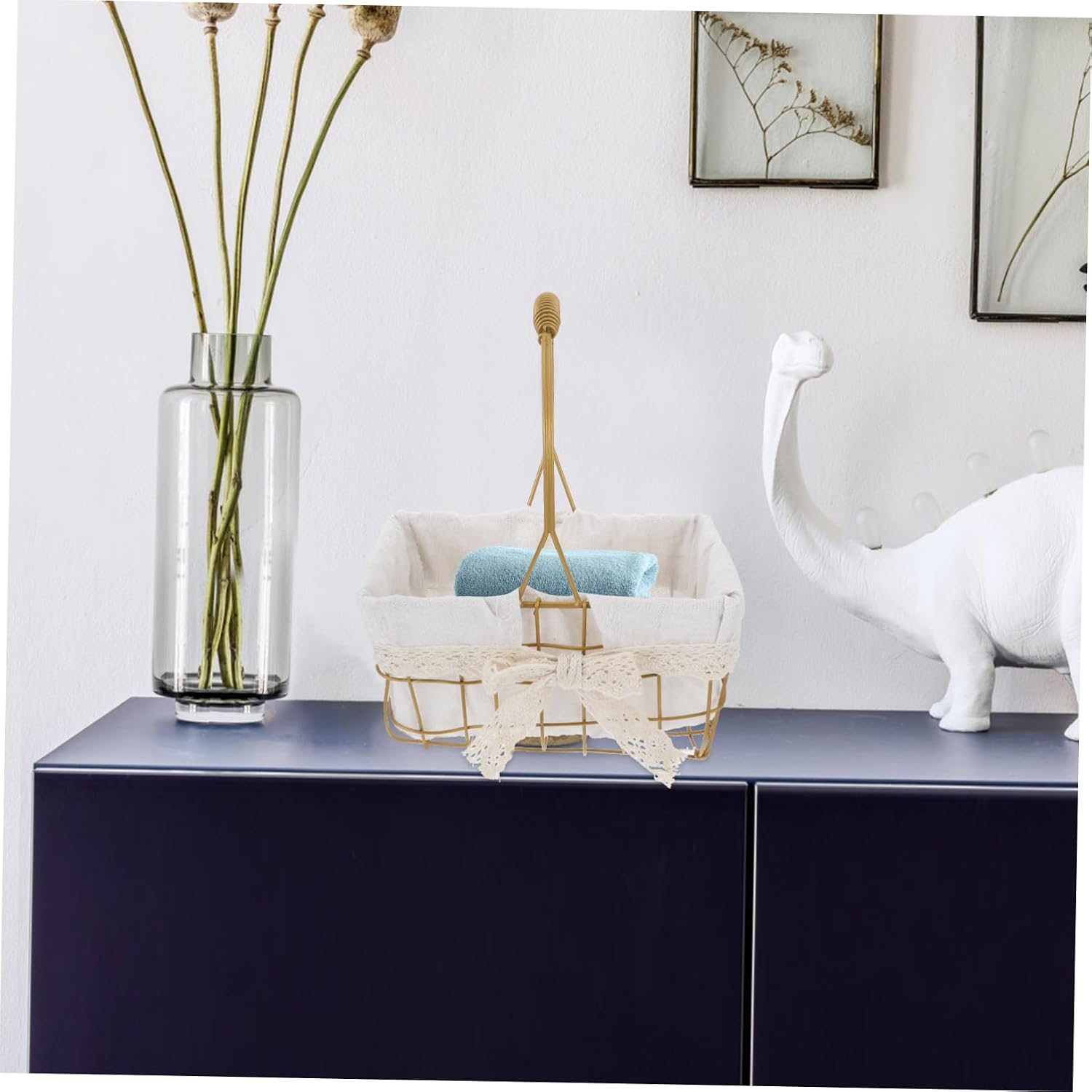 Wrought Iron Storage Basket with Cloth Liner for Indoor Outdoor Use
