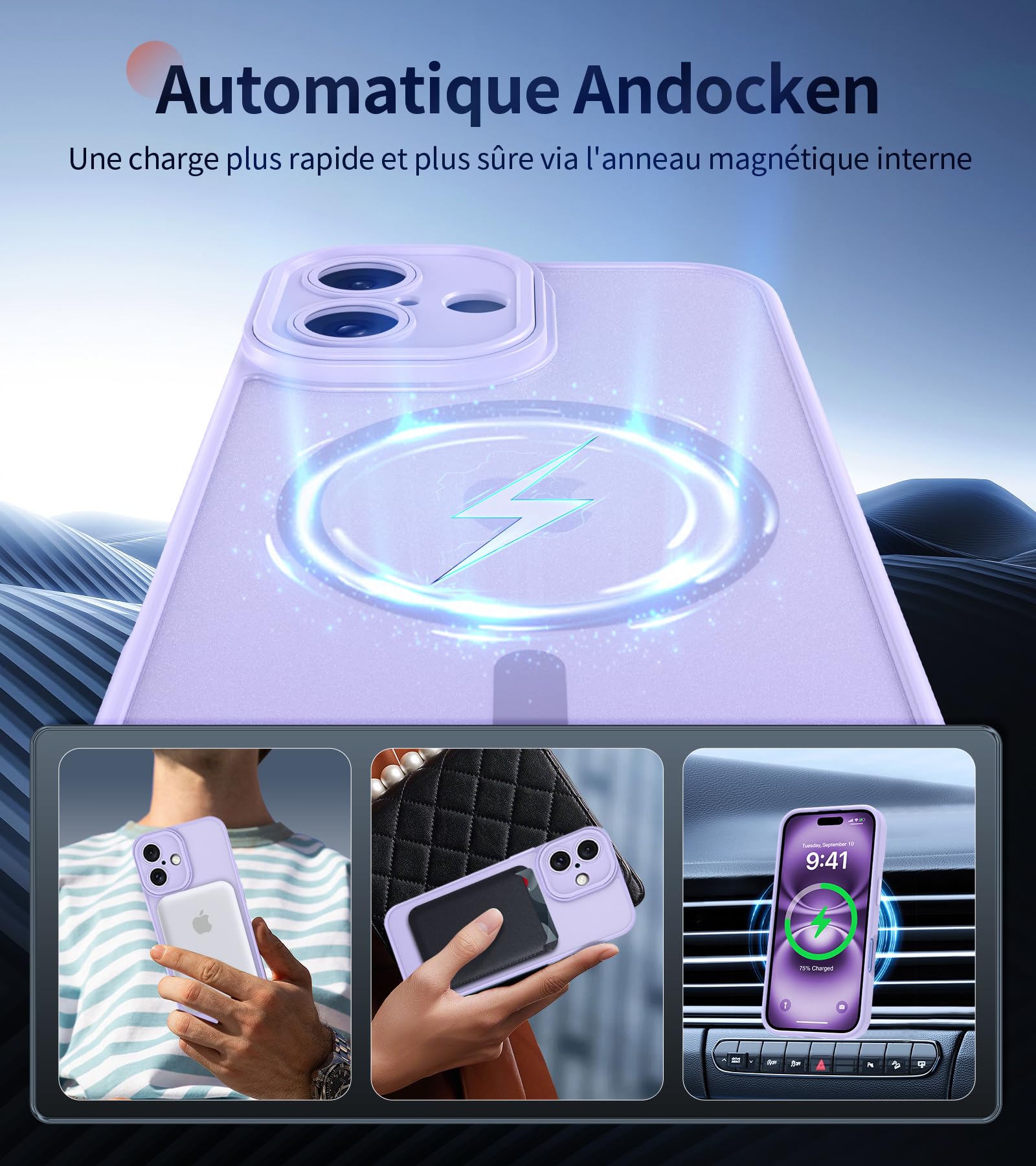 FLLAO Cover Magnetica per iPhone 16 Custodia e 2 Pellicole in Vetro Temperato, Cover iPhone 16 Compatibile con Magsafe, Traslucida Opaca Posteriore Sottile Antiurto Protettiva Case, Viola