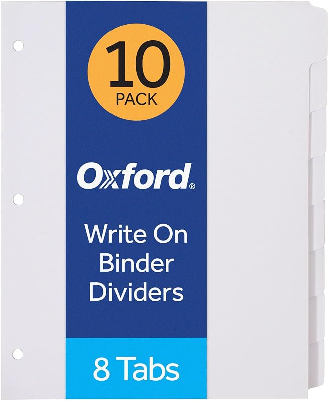 Separadores de carpetas Oxford para carpetas de 3 anillas, paquete de 10, separadores de 8 pestañas, pestañas para escribir, papel blanco, 80 en total