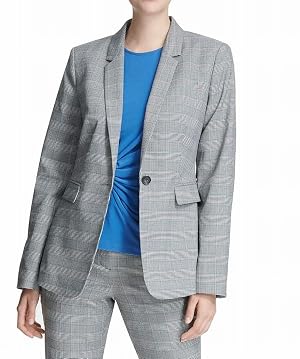 DKNY Womens Plaid One Button Blazer Jacket