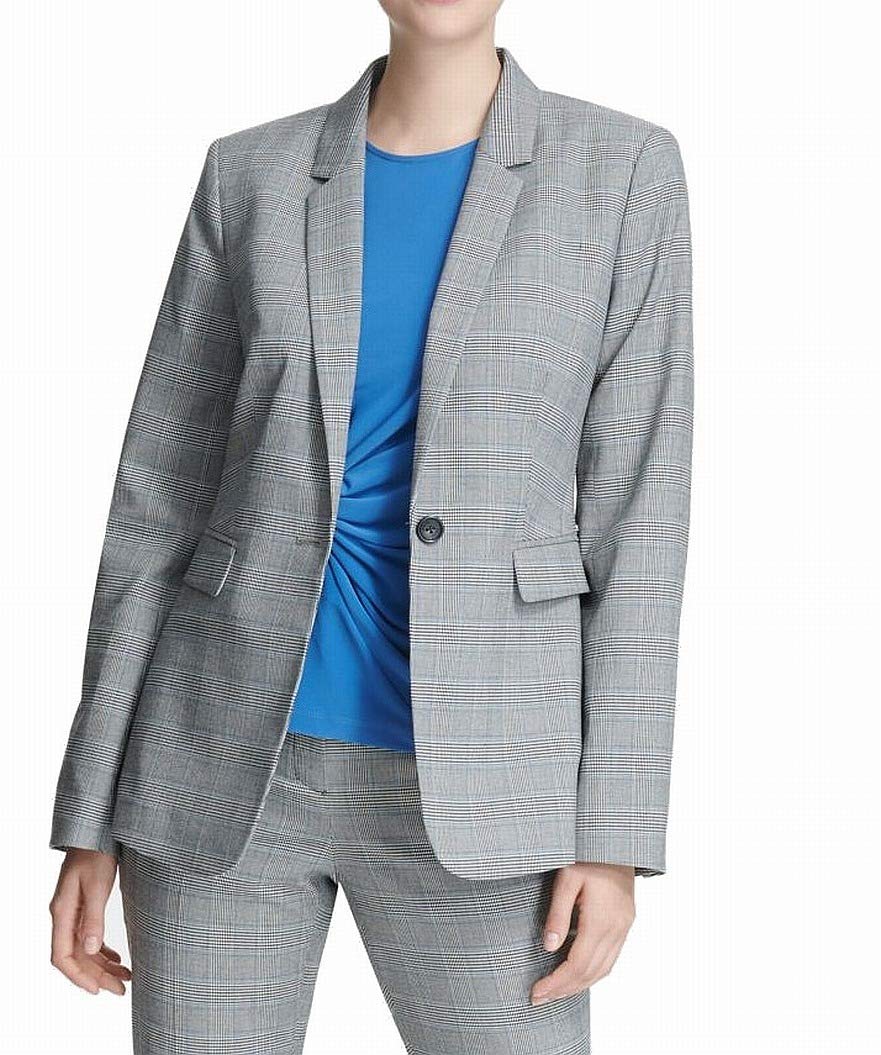 DKNY Womens Plaid One Button Blazer Jacket